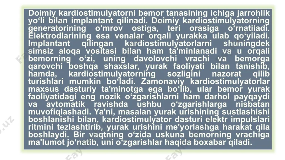 ish yoki yuklash uchun mo'ljallangan tibbiy asbob. elektr impulslarini yuborish orqali. elektron yurak stimulyatori titan korpusdan iborat bo'lib, unda mikrosxema va batareya mavjud. foydalangan adabiyotlar: https://ru.wikipedia.org/wiki/%d0%ad%d0%bb%d0%b5%d0%ba%d1%82%d1%80%d0%be%d0%ba%d0%b0%d1%80%d0%b4%d0%b8%d0%be%d1%81%d1%82%d0%b8%d0%bc%d1%83%d0%bb%d1%8f%d1%82%d0%be%d1%80 https://www.heartfailurematters.org/ru/%d1%87%d1%82%d0%be-%d0%bc%d0%be%d0%b6%d0%b5%d1%82-%d1%81%d0%b4%d0%b5%d0%bb%d0%b0%d1%82%d1%8c-%d0%b2%d1%80%d0%b0%d1%87-%d0%b8%d0%bb%d0%b8-%d0%bc%d0%b5%d0%b4%d1%81%d0%b5%d1%81%d1%82%d1%80%d0%b0/%d0%ba%d0%b0%d1%80%d0%b4%d0%b8%d0%be%d1%81%d1%82%d0%b8%d0%bc%d1%83%d0%bb%d1%8f%d1%82%d0%be%d1%80%d1%8b/ image1.png image2.png image3.png image4.png