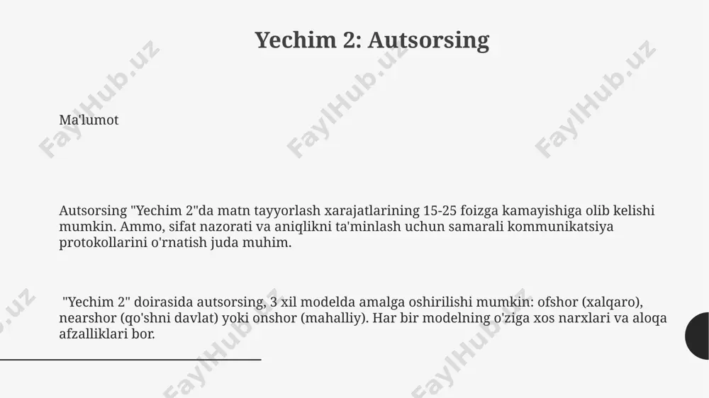 h rpa (robotik jarayonlarni avtomatlashtirish) texnologiyasi oddiy vazifalarni bajarish uchun ishlatiladi. u 7/24 rejimida ishlaydi va kuniga o'rtacha 200 dan ortiq operatsiyani avtomatlashtirishi mumkin. avtomatlashtirish avtomatlashtirish 80% gacha xatoliklarni kamaytirishi mumkin, chunki u inson omilini yo'q qiladi. bu jarayon 10 barobar tezroq bo'lishiga yordam beradi va xarajatlarni kamaytiradi. agar sizga matnlarni yuborsam, ularni tayyorlaysizmi? agar sizga matnlarni yuborsam, ularni tayyorlaysizmi? sizga 5 ta matn yuboriladi, har bir matn 250-300 so'zdan iborat. ularni tayyorlash, ya'ni grammatik xatolarni tuzatish va uslubini yaxshilash talab etiladi. agar sizga matnlarni yuborsam, ularni tayyorlaysizmi? bu 1500-2000 so'zlik matnni tahrirlash, formatlash yoki 3-4 ta rasmdan foydalanib dizayn qilishni o'z ichiga olishi mumkin. risklar va ularni yumshatish texnologik risklarni minimallashtirish uchun zaxira tizimlari joriy etiladi. faoliyatning 99.99% uzluksizligini ta'minlash uchun favqulodda reja tuziladi. testlar har 6 oyda o'tkaziladi. risklar va ularni yumshatish. risklar moliyaviy yo'qotishlarga olib kelishi mumkin. sug'urta polisi xarajatlarni 30% ga qisqartirishi mumkin. diversifikatsiya 50% gacha …