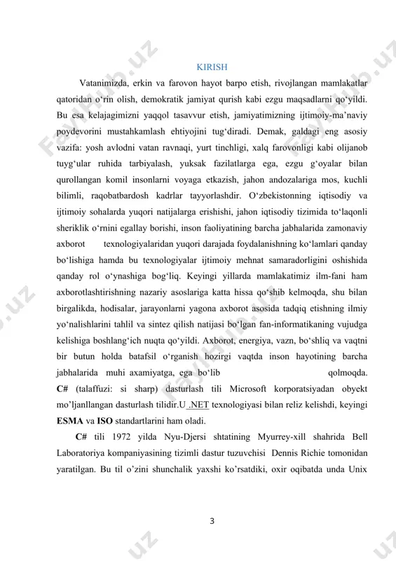 hie tomonidan yaratilgan. -c dasturlash tili kompyuter dasturlash tillari tarixida eng ko`p vaqt foydalanilgan til hisoblanadi. -c dasturlash tilida 45 ta operator bo`lib ular 8 ta guruhga bo`linadi. -c dasturlash tilida 2 xil konstanta bor. bular: primary va secondary constant. -c dasturlash tili obyektga yo`naltirilgan dasturlash tili bo`lmaganligi uchun vorislik va polimforfizm tushunchalari yoq . -c dasturlash tili ko`plab boshqa dasturlash tillarining asosi hisoblanadi. misol uchun c++, java, java script, go, rust,limbo, lpc, c#, php, python, perl, verilog va c-shell shular jumlasidan. kompyuter tillari oʻz-oʻzidan emas, balki oʻzaro bir-biriga bogʻliqlikda mavjud boʻladi. har qanday yangi til u yoki bu shaklda oldingi yaratilgan tillarning xossalarini oʻziga meros qilib oladi, yaʼni ketma-ketlik prinsipi amalga oshiriladi. natijada bitta tilning imkoniyatlari boshqalari tomonidan foydalaniladi (masalan, yangi xususiyatlar mavjud kontekstga birlashtiriladi, tilning eski tuzilishlari esa oʻchirib yuboriladi). kompyuter tillarining evolyutsiyasi shunday tarzda roʻy beradi va dasturlash mahorati takomillashtiriladi. c# tili yuqoridagilardan istisno emas, u boshqa …