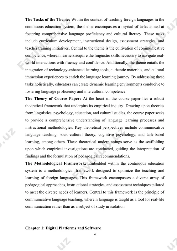 and cultural studies, the course paper seeks to provide a comprehensive understanding of language learning processes and instructional methodologies. key theoretical perspectives include communicative language teaching, socio-cultural theory, cognitive psychology, and task-based learning, among others. these theoretical underpinnings serve as the scaffolding upon which empirical investigations are conducted, guiding the interpretation of findings and the formulation of pedagogical recommendations. the methodological framework: embedded within the continuous education system is a methodological framework designed to optimize the teaching and learning of foreign languages. this framework encompasses a diverse array of pedagogical approaches, instructional strategies, and assessment techniques tailored to meet the diverse needs of learners. central to this framework is the principle of communicative language teaching, wherein language is taught as a tool for real-life communication rather than as a subject of study in isolation. chapter 1: digital platforms and software 1.1. interactive language learning apps. interactive language learning apps represent …