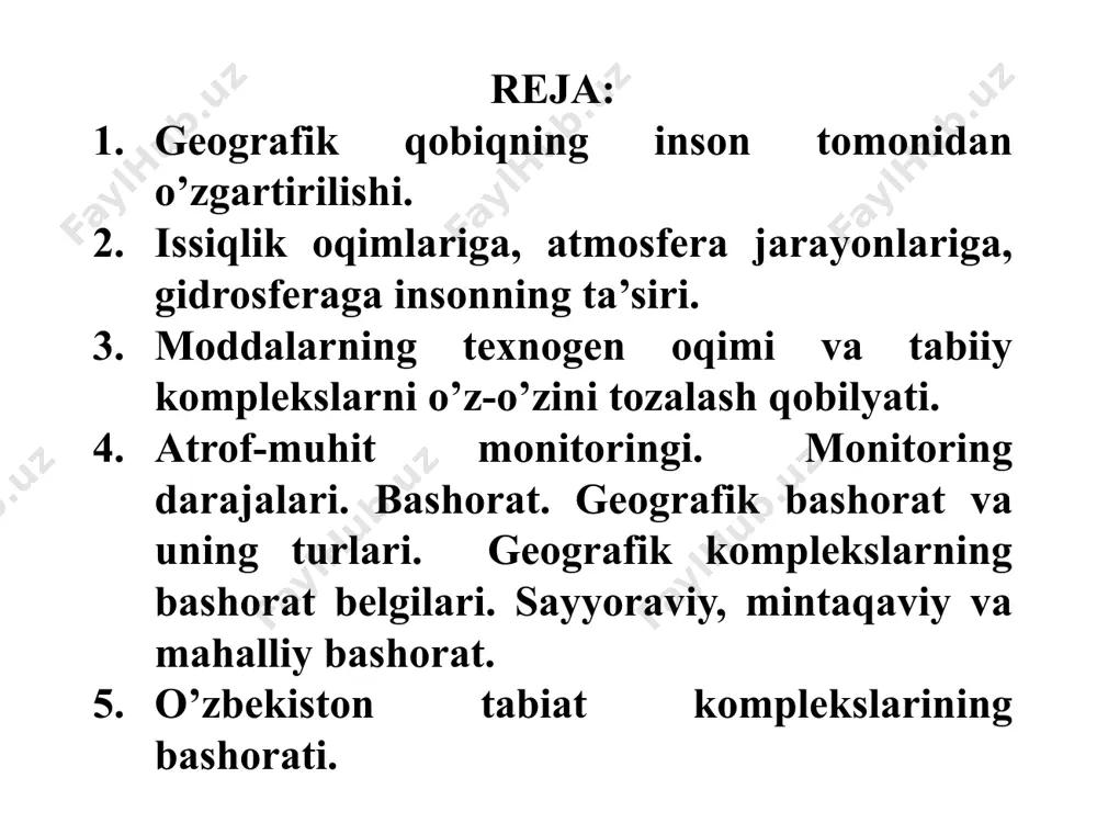 uchaydi hunarmandchilik vujudga keldi.shaharlar soni o’sdi, sinfiy jamiyat shakllandi. sanoat inqilobidan keyin o’limni kamyishi va umrni uzayishi bilan aholi soni tezlik bilan o’sa boshladi. hozirgi davr yoki fti davri xx asrning o’rtalaridan boshlab insonni tabiatga ta’sirining miqyosi planetar tabiiy jarayonlar miqyosiga tenglashib qoldi. moddalarning aylanma harakati tabiiy aylanma harakatga tenglashib qoldi. masalan, har yili xo’jalik ishlari uchun daryo suvlarining 10 %(3,5 ming km.kub.suv) olinadi. shudgorlash jarayonida 3 ming km. kub. tuproq ag’dariladi, yerdan 100 mlrd tonna ruda va qurilish materiallari qazib olinadi, konlarni ochish va qurilish jarayonida yuz milliardlab tonna tog’ jinslari ko’chiriladi, dalalarga 300 mln tonna mineral o’gitlar solinadi, 4 mln tonna (pestisid va gerbitsid) moddalar sochiladi. inson faoliyati hozirgi paytda egzogen omillar ta’siridan ortib ketdi. ko’mir yoqilganda atrof –muhitga tabiiy aylanma harakatga nisbatan simob 700, mishyak 125, uran 60, kadmiy 40 marotaba ko’p tushadi. 2.antropogen va tabiiy –antropogen komplekslar inson faoliyati turiga qarab 8 ta antropogen landshaftlar turi …