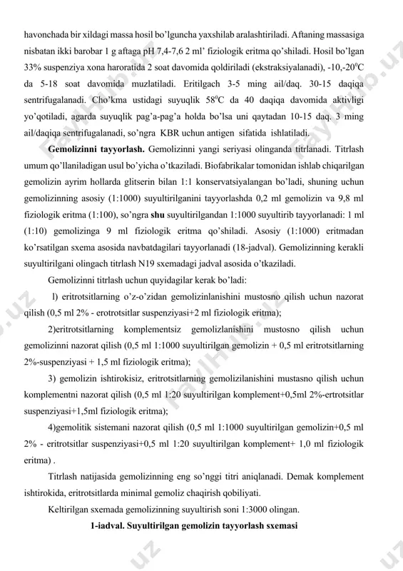 l 1:20 suyultirilgan komplement+0,5ml 2%-ertrotsitlar suspenziyasi+1,5ml fiziologik eritma); 4)gemolitik sistemani nazorat qilish (0,5 ml 1:1000 suyultirilgan gemolizin+0,5 ml 2% - eritrotsitlar suspenziyasi+0,5 ml 1:20 suyultirilgan komplement+ 1,0 ml fiziologik eritma) . titrlash natijasida gemolizinning eng so’nggi titri aniqlanadi. demak komplement ishtirokida, eritrotsitlarda minimal gemoliz chaqirish qobiliyati. keltirilgan sxemada gemolizinning suyultirish soni 1:3000 olingan. 1-iadval. suyultirilgan gemolizin tayyorlash sxemasi komponent-lar, ml gemolizinni suyultirish 1:1500 1:2000 1:3000 1:4000 1:5000 1:6000 1:7000 1:8000 gemolizin 1:1000 1,0 1,0 1,0 1,0 1,0 1,0 1,0 1,0 fiziologik eritma 0,5 1,0 2,0 3,0 4,0 5,0 6,0 7,0 2-jadvai. gemolizinni titrlash sxemasi. komponentlar, ml gemolizinni suyultirish 1:1000 1:1500 1:2000 1:3000 1:4000 1:5000 1:6000 1:7000 gemolizin 0,5 0,5 0,5 0,5 0,5 0,5 0,5 0,5 fiziologik eritma (antigen o’rniga zardobolar) 1,0 1,0 1,0 1,0 1,0 1,0 1,0 1,0 1:20 suyultirilgan komplement 0.5 0,5 0,5 0,5 0,5 0,5 0,5 0,5 2% eritrotsitlar suspenziyasi 0.5 0,5 0,5 0,5 0,5 0,5 0,5 0,5 …