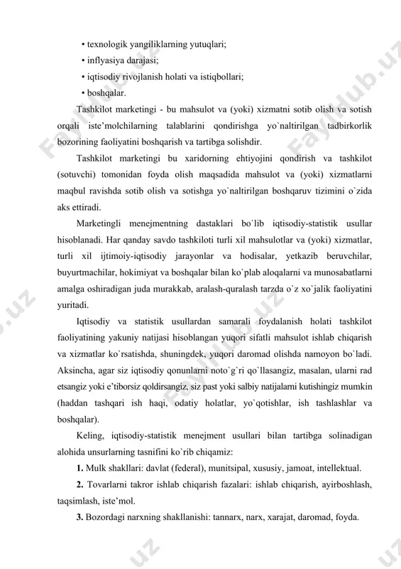 y va statistik tadqiqotlarning eng muhim bosqichlaridan biri bu kuzatish, bu kuzatish ob’yektining muhim xususiyatlari uchun oldindan ishlab chiqilgan dastur bo`yicha ma’lumotlarni ro`yxatdan o`tkazish orqali ilmiy tashkil etilgan ma’lumotlarni to`plashdir. statistik kuzatishning eng keng tarqalgan turi bu statistik hisobotlardir (7.1-chizmaga qarang). eng avvalo, statistik hisobot bozorning holatini aks ettiradi, uning tarkibi va dinamikasini, ya’ni o`zgaruvchanligini tavsiflaydi, bozor omillarining ta’sirini ochib beradi va bozorning keyingi rivojlanishi uchun istiqbollarni tuzadi. marketing, murakkab va tuzilgan savdo-iqtisodiy, tashkiliy munosabatlar va o`zaro aloqalar mavjudligini taklif qilib, menejmentda iqtisodiy-statistik usullarni qo`llash uchun keng imkoniyatlarni yaratadi. menejmentda statistik kuzatuv ma’lumotlaridan foydalanish bilan bir qatorda boshqa iqtisodiy-statistik, shuningdek, quyidagi bir qancha matematik usullardan foydalanish maqsadga muvofiqdir: ekonometrik, kirish-chiqish modellari, iteratsiyalar, ekspert baholari, dastlabki bashoratlar, rivojlanish senariyalari, o`zgaruvchanlik ko`rsatkichlari, korrelyasion-regression tahlil, omilli tahlilning indeks usuli va boshqalar. ko`pincha, isbotlash uchun ulardan mutloq, nisbiy va o`rtacha qiymatlardan, o`yin nazariyasining ko`rsatkichlaridan foydalaniladi (qandaydir harakatlarning raqiblarga ta’sirini baholash uchun ishlatiladigan usul). ayrim …