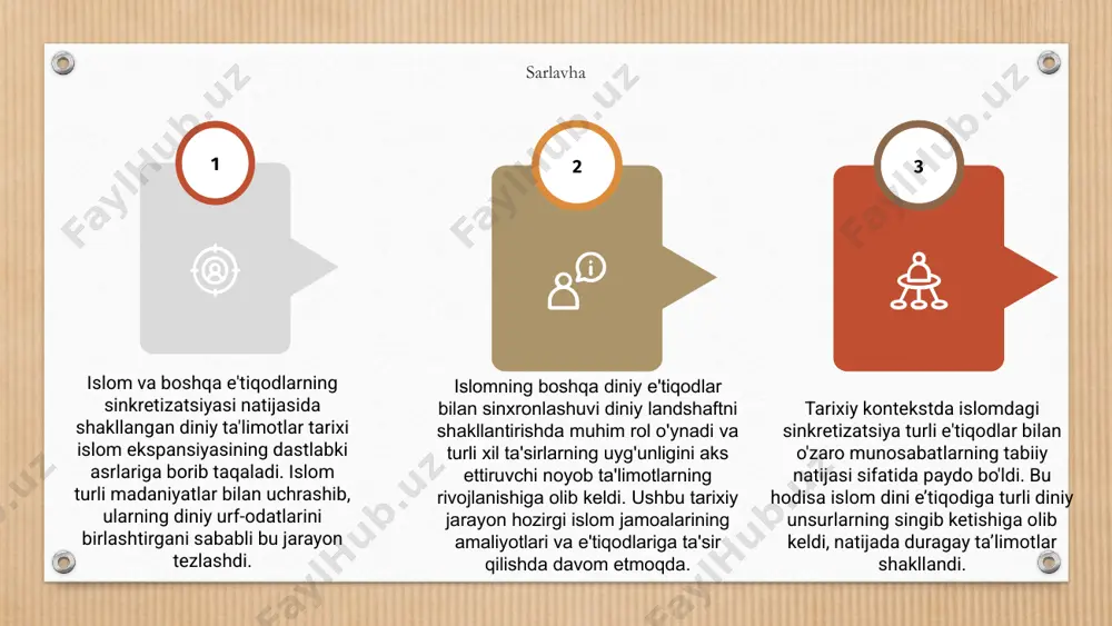 liyotlarning potentsial suyultirilishidir. turli urf-odatlardan e'tiqodlarning singdirilishi diniy ta'limotlarda haqiqiylik va poklikning yo'qolishiga olib kelishi mumkin. bundan tashqari, sinkretizatsiya turli diniy jamoalar o'rtasida nizolar va keskinliklarni keltirib chiqarishi mumkin. bir-biriga mos kelmaydigan e'tiqodlar va amaliyotlarning birlashishi turli e'tiqodlarga ega bo'lgan izdoshlarning tinch-totuv yashashiga ta'sir ko'rsatuvchi bo'linish va tortishuvlarni keltirib chiqarishi mumkin. sarlavha tarix davomida islom e’tiqodlari bilan boshqa diniy an’analar sintezi natijasida diniy ta’limotlar vujudga kelgan. ushbu sinkretizatsiya umumiy qadriyatlar va e'tiqodlarni aks ettiruvchi turli xil diniy ta'limotlarning shakllanishiga olib keldi. 1 dinlararo muloqot sinkretizatsiya jarayonida, turli diniy jamoalar o'rtasida o'zaro tushunish va hamkorlikni rivojlantirishda hal qiluvchi rol o'ynaydi. ochiq va hurmatli muloqot orqali shaxslar umumiy fikrni aniqlashlari va sinkretizatsiya uchun qulay muhit yaratishlari mumkin. 3 sinkretizatsiya hodisasi nafaqat diniy e'tiqodlarning o'zaro bog'liqligini ta'kidlabgina qolmay, balki turli e'tiqod an'analari o'rtasida uyg'un birga yashash imkoniyatini ham ko'rsatadi. dinlararo muloqot tamoyillarini qabul qilish orqali jamoalar birdamlik va o'zaro hurmatni rivojlantirishi mumkin. 2 …