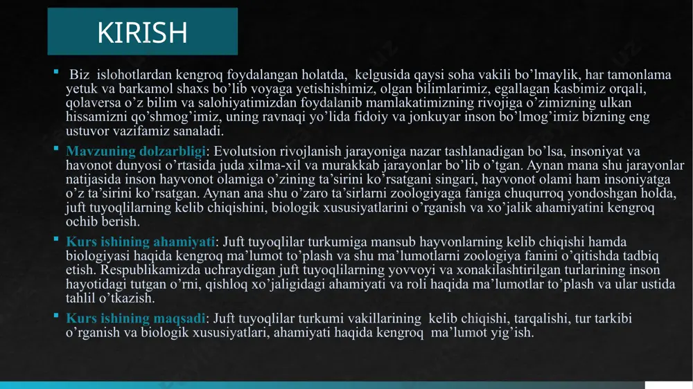 .q. solixboyev sutemizuvchilar bo‘yicha boy faunistik va ekologik ma’lumotlar to‘plangan. страница 10 erkak xongul burama shoxli echki (capra faconeri) sayg’oq (gazella subgutturosa) 11 yashash joylari. cho’llar, yarimcho’llar va saxrolar. soni. o’tmishda ko’p bo’lgan. so’nggi 10 yill ichida soni 80% ga kamayib ketdi va kamayishi davom etmoqda. qozog’istonning shimoliy hududlaridan ko’chib keladigan hayvonlar soni har yili ob-havo sharoitlariga bog’liq holda o’zgarib turadi va 1000-7000 donani tashkil qiladi. rezident guruhlar soni: vozrojdeniye yarim oroli 200 dona, orol dengizining sharq; sohili- 1500 dona. yashash tarzi. poda bo’lib yashaydi, mavsumiy ko’chadi. voyaga yetgan erkaklari o’rtacha 10-15tadan, maksimal 50taga yaqin urg’ochilardan haram tashkillashtiradi. juftlashish davri- dekabr; aprel oxirida-may boshlarida bolalaydi. urg’ochilari 1-1,5 yoshda, erkaklari- 2-2,5 yoshda jinsiy voyaga yetadi. o’tsimon o’simliklar, cho’l yarim butalari bilan oziqlanadi. страница 12 cheklovchi omillar. brakonyerlik, yashash joylarining o’zlashtirilishi va fragmentatsiyalanishi (chegaralab qo’yilishi), yaylovlar sifatining pasayishi, ob-havo sharoitlari noqulayligi (sovuq qishlar, yozgi qurg’oqchiliklar); yirtqichlarning quvlashi (bo’ri), kasalliklar. ko’paytirish. rossiya, xitoy …