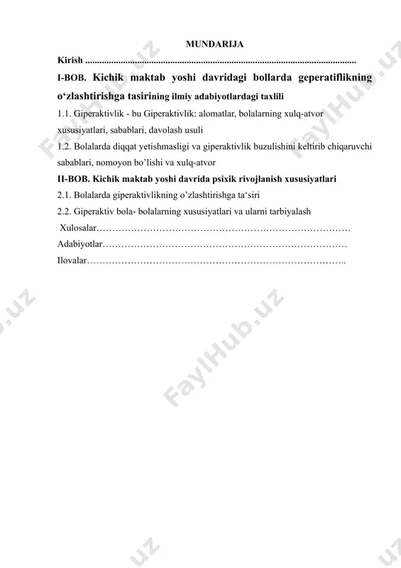 keng tarqalgan shakli bu giperaktivlik sindromidir. giperaktiv tashxisi qo‘yilgan bolalarda emotsional-irodaviy boshqaruv ko‘nikmalarining yaxshi shakllanmaganligi ta’lim-tarbiya tizimida, guruxdagi va oiladagi shaxslararo munosabatlarda, o‘quv faoliyatini tashkil qilish va boshqarishda jiddiy muammolarni keltirib chiqarmoqda. ushbu guruxga doir o‘quvchilardagi urushqoqlik, agressivlik,qaysarlik, qaxri qattiqlik, sabrsizlik, qo‘polliklarning yuqori darajasi va xulq-atvorini ongli boshqara olmaslik oqibatida tengdoshlari va oila a’zolari o‘rtasida tez-tez nizolar kelib chiqadi. shuning uchun ular boshqalarga nisbatan ko‘proq tanbeh eshitadilar va jazolanadilar. buning natijasida esa ularda o‘zlariga bo‘lgan ishonch, o‘zlariga beradigan baho pasayib boradi, ular muvaffaqqiyat hissini kamdan-kam his etadilar. bunday bolalarni o‘qituvchi va ota-onalar tomonidan tushunmaslik, jazolashmaktab dezadaptatsiyasiga, delikvent xulq-atvorning shakllanishiga olib keladi. i-bob. kichik maktab yoshi davridagi bollarda geperatiflikning o‘zlashtirishga tasirining ilmiy adabiyotlardagi taxlili 1.1. giperaktivlik - bu giperaktivlik: alomatlar, bolalarning xulq-atvor xususiyatlari, sabablari, davolash usuli bir qarashda bolaning giperaktivmi yoki shunchaki harakatchanligini aniqlash qiyin. faqatgina ma'lum alomatlar bo'yicha mutaxassis chaqalog'ingizning holatini aniqlay oladi. ba'zilar giperaktivlikni kasallik deb aytishsa, boshqalari bu …
