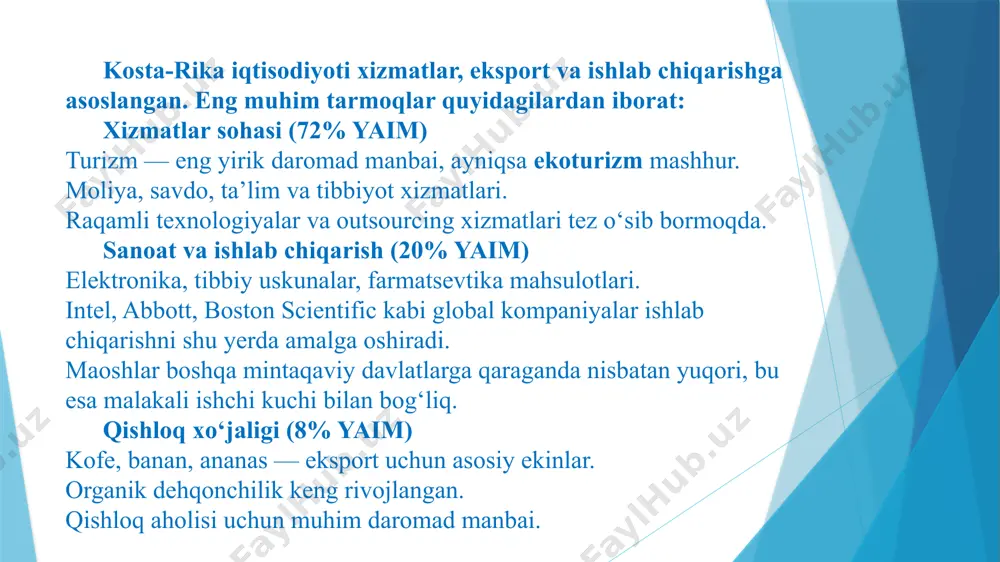 ti (usd) tibbiy asbob-uskunalar$5,8 milliard elektronika (chiplar, qurilmalar)$2,5 milliard qishloq xo‘jaligi mahsulotlari: - banan$1,2 milliard - ananas$1 milliard - kofe$650 million farmatsevtika mahsulotlari$1,3 milliard raqamli xizmatlar (it, bpo)$2,5 milliard boshqa mahsulotlar$1,75 milliard asosiy eksport mahsulotlari (pulda): davlat / mintaqaeksport hajmi (usd) aqsh$6,7 milliard yevropa ittifoqi$3,4 milliard lotin amerikasi$2,5 milliard xitoy$850 million kanada va boshqa davlatlar$3,25 milliard eksport bozorlar bo‘yicha (taxminiy): costa rica flag, vector illustration /docprops/thumbnail.jpeg