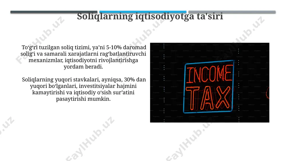 xizmat qiladi. mol-mulk solig'i mol-mulk solig'i tushumlari, mahalliy byudjetlarni to'ldirishda muhim rol o'ynaydi va infratuzilma rivojlanishi, ta'lim va sog'liqni saqlash kabi jamoat xizmatlarini moliyalashtirishga sarflanadi. mol-mulk solig'i, ko'chmas mulk egalaridan yig'iladigan soliq turi bo'lib, 2023-yil holatiga ko'ra, uning stavkalari mulkning turini va joylashuvini hisobga olgan holda 0,1% dan 1% gacha o'zgaradi. soliq tizimining elementlari soliq organlari, shu jumladan, soliq inspektsiyalari va ularning boʻlinmalari, soliq tizimining muhim tarkibiy qismlarini tashkil etadi, ularning soni ma'muriy-hududiy birliklar soniga bogʻliq, masalan, viloyatlarda 12 ta boʻlishi mumkin. soliq kodeksi va boshqa tegishli qonun hujjatlari soliq tizimining huquqiy asosini tashkil qiladi, unda 50 dan ortiq moddalar va 20 ga yaqin boblar soliqqa tortishning turli jihatlarini tartibga soladi. yer solig'i yer solig'i yer uchastkalarining maydoniga qarab, 1 kvadrat metr uchun belgilangan soliq stavkasi bo'yicha hisoblanadi va bu stavkaga ko'ra, 2023-yil uchun o'rtacha 100 kvadrat metrli uchastka uchun 50 000 so'm atrofida soliq to'lanadi. yer solig'i to'lov muddati …