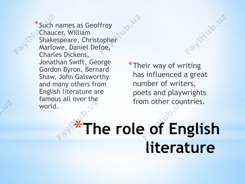 arbaric people. the role of english literature after romans’ leave, britain was invaded by the germanic tribes called angles, saxons and jutes. by the time the angles and saxons conquered britain, they already had their own letters called “runes”, but they had no written literature yet, and the stories and poems they made up had to be memorized. songs and tales that people made up when at work or at war, or for amusement (folk-lore) became wide-spread. there were also professional singers called “bards”. the role of english literature they composed songs about events they wanted to be remembered. they sang of wonderful battles and of the exploits of brave warriors. these songs were handed down to their children and grandchildren and finally reached the times when certain people who were called “scribes” wrote them down. (the word “scribe” comes from the latin “scribere”-“to write”). the role of english literature …