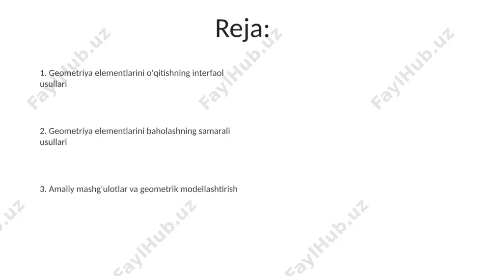 tlar (kub, shar, silindr) dan foydalanib, 3 o‘lchovli geometrik jismlarni taqqoslash va ularning xususiyatlarini aniqlash bo‘yicha amaliy topshiriqlar berish samarali. interfaol o'quv vositalaridan foydalanish interfaol doskalar va taqdimotlar yordamida 5 ta geometrik tushuncha, jumladan, nuqta, chiziq, to'g'ri chiziq, burchak va uchburchakni o'qitish o'quvchilarning tushunishini va qiziqishini kuchaytiradi. 4-sinf geometriya darslarida interfaol o'quv vositalari, masalan, 3d shakllar modeli va geometrik konstruktorlar yordamida 2d va 3d geometrik figuralarni o'rganish samaradorligini 20% ga oshiradi. geometrik shakllarni modellashtirish va qo'llanmalar geometrik shakllarni modellashtirishda turli xil materiallardan, masalan, plastilin, qog'oz, yog'och tayoqchalardan foydalanish ularning fazoviy tasavvurlarini rivojlantiradi va 5 ta asosiy geometrik jismni o'rganishga yordam beradi. 4-sinf o'quvchilari geometrik shakllarni, masalan, kub, to'p, konus va silindrlarni modellashtirishda 3 o'lchovli ob'ektlarni 2 o'lchovli chizmalar bilan bog'lashni o'rganishlari kerak. o'quvchilarning geometrik bilimlarini mustahkamlash usullari 4-sinf o'quvchilarining geometrik shakllarni (masalan, uchburchak, kvadrat, aylana) 2 o'lchovli va 3 o'lchovli modellari bilan ishlash orqali fazoviy tasavvurlarini rivojlantirish, ularning xossalarini 5 …