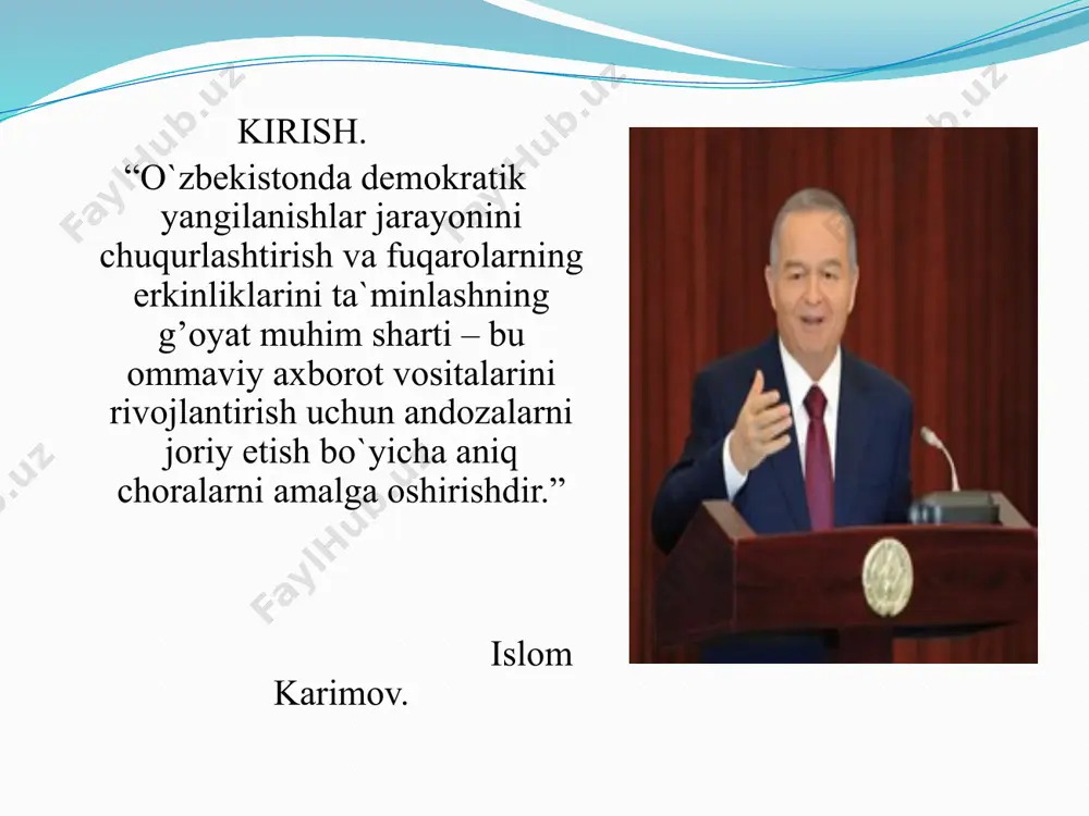 i ham eslatish o`rinlidir. “ommaviy axborot vositalari to`g’risida”gi qonunning 1-moddasida qayd etilganidek, “gazetalar, jurnallar, axborotnomalar, byulletenlar, axborot agentliklari, televidenie (kabelli, efir-kabelli televidenie) va radioeshittirishlar, hujjatli kino, elektron axborot tizimi, shuningdek, doimiy nomga ega bo`lgan, davlat tasarrufidagi, mustaqil va boshqa ommaviy davriy nashrlar ommaviy axborot vositalaridir”. 8 hozirgi yurtimizdagi ommaviy axborot vositalarini davlat va nodavlat, shuningdek mahalliy ommaviy axborot vositalari sifatida farqlash mumkin. davlat ommaviy axborot vositalari - davlat tomonidan ta`sis etilgan yoki muayyan davlat ulushi va davlat byudjetidan ajratiladigan mablag’lar hisobidan faoliyat ko`rsatayotgan ommaviy axborot vositalaridir. mahalliy ommaviy axborot vositalari-mahalliy hokimiyat vakillik organlari tomonidan ta`sis etilgan yoki ularning ulushi bo`lgan va mahalliy byudjetdan ajratiladigan mablag’lar hisobidan faoliyat ko`rsatayotgan ommaviy axborot vositalari, demakdir. nodavlat ommaviy axborot vositalari sirasiga esa nodavlat tashkilotlar, jamoat birlashmalari, xususiy shaxslar tomonidan ta`sis etilgan va ularning mablag’lari hisobidan faoliyat ko`rsatayotgan ommaviy axborot vositalari kiradi. fuqarolik jamiyati institutini mustahkamlash va rivojlantirish, oavlarni rivojlantirish bo’yicha bir talay ishlar amalga …