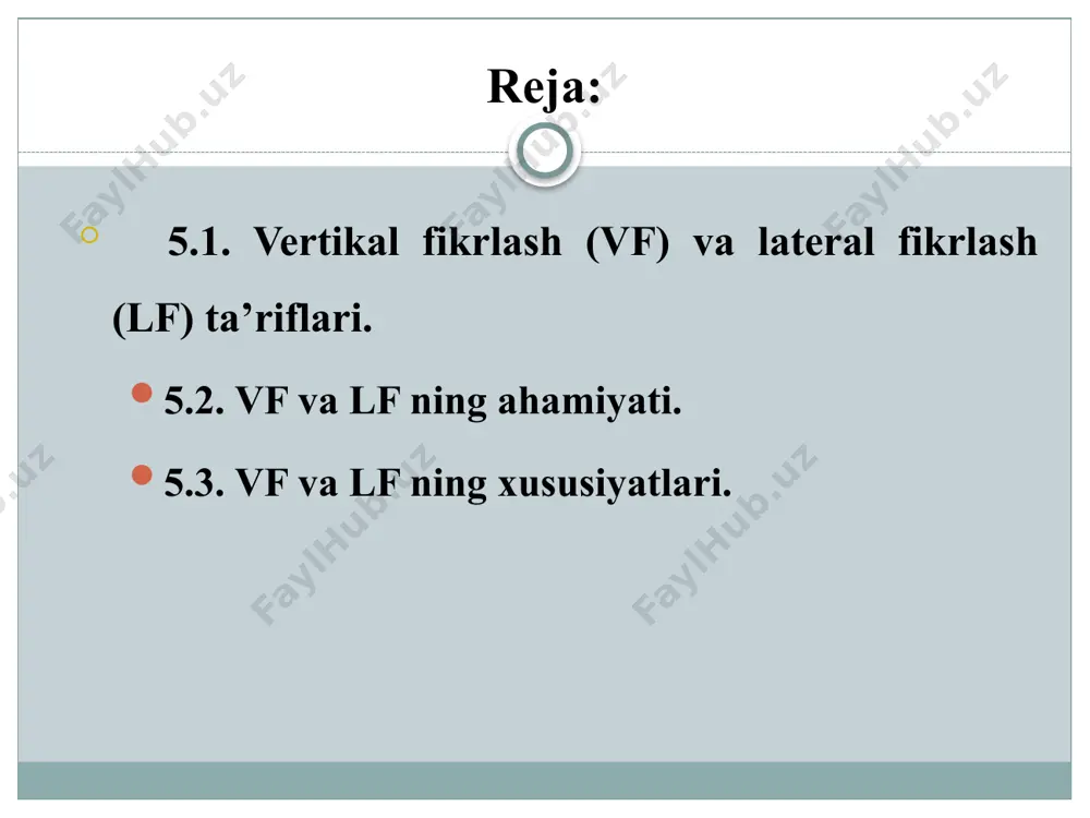 ib tashlaydi; yaxshi tahlil qilingan, ammo qarorni qabul qilish qiyin; lateral fikrlash xususiyatlari: g’oyalarni yaratish, maqsadga alternativalarni topishga qaratilgan; turli xil imkoniyatlarni topishdan manfaatdor. baholash yoki qaror qabul qilishdan manfaatdor; g’oyani himoya qilishni yoqtirmaydi, hatto u haqiqat bo’lsa ham. ushbu g’oya hali ham takomillashtirilmagan deb taxmin qilinadi; yaxshi g’oya yaratish imkoniyatiga ega bo’lish uchun bunday yaxshi g’oyani topishga qiziqish bildiradi; hech qachon hukm qilinmaydi. qat’iylikni noto’g’ri deb hisoblaydi. lateral fikrlash ongning axborotlar bilan muomalasi bilan bevosita bog’liqdir; qadimgi g’oyalar, yangi g’oyalar va tushunchalarni yaratish turlarini o’zgartirish yoki konsepsiya qamoqxonalaridan chiqish bilan bog'liq kreativlik bilan chambarchas bog’liq. garchi ijodkorlik ko’pincha natija tavsifiga ega bo’lsa-da, lateral fikrlash jarayonning tavsifidir. пример вертикального и латерального мышления боковое и вертикальное мышление могут дополнять друг друга. примером вертикального и бокового мышления может быть следующее: представьте, что мы собираем предмет мебели, для этого мы будем использовать вертикальное мышление, следуя шагам, указанным в инструкциях. однако представьте себе, что …