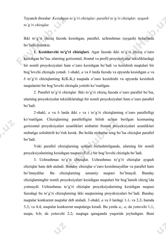 ar deb ataladi. 3-shakl, a va b lardagi 1112 va 2122 hamda 3132 va 4142 nuqtalar konkurent nuqtalarga kiradi. bu yerda a1, a2 da yotuvchi 1112 nuqta, b1b2 da yotuvchi 2122 nuqtaga qaraganda yuqorida joylashgan. buni nuqtalarning frontal proyeksiyalar 12 va 22 lardan yaqqol ko’rish mumkin. shuning uchun 1112 nuqta ko’rinar, 2122 nuqta esa ko’rinmasdir. shuningdek, 4141 nuqta 3132 nuqtaga qaraganda kuzatuvchiga yaqin joylashgan. demak, 4142 nuqta ko’rinar, 3132 nuqta esa ko’rinmas bo’ladi. konkurent nuqtalar geometrik shakllarning epyurda ko’rinar va ko’rinmas qismlarini aniqlashga imkon beradi. 4. to’g’ri chiziq kesmasini berilgan nisbatda bo’lish. parallel preksiyalarning xosalariga muvofiq, to’g’ri chiziq kesmalarining nisbati ular proyeksiyalarining nisbatiga teng. shunga ko’ra, kesmani epyurda berilgan bo’lish uchun uning proyeksiyalarini shu nisbatda bo’lish kerak. ab kesmani bo’rilgan 2:3 nisbatda bo’lishni ko’rib chiqamiz (4-shakl). buning uchun kesma gorizontal proyeksiyasining a1 uchidan o’tkazilgan yordamchi chiziqda beshta (2+3) ixtiyoriy uzunlikda, lekin o’zaro teng kesma qo’yilgan. so’ngra, 5-nuqta d1 bilan tutashtiramiz …
