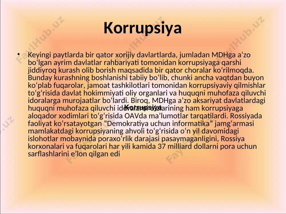 shish uchun davlatning korrupsiyaviy jinoyatchilikni oldini olish borasida tizimlashgan chora-tadbirlarini ishlab chiqish lozim. shu bilan birga mazkur chora-tadbirlarda korrupsiyaga qarshi fuqarolik jamiyati instiututlari bilan keng hamkorlik qilinishi nazarda tutilishi shart bo‘ladi. davlatning korrupsiyaga qarshi kurash dasturida quyidagilar: davlat xizmati sifatini ko‘tarish uning ishlash prinsiplarini qayta ko‘rib chiqish: mansabdorlik maqomini —huquq va majburiyatlarini aniq belgilab qo‘yish; tadbirkorlik faoliyati bilan shug‘ullanishi taqiqlangan mansabdor shaxslar ro‘yxatini qat’iy belgilab qo‘yish; davlat xizmatchilarining mulkiy holatini deklaratsiya qilib borishning samarali va qat’iy mexanizmini o‘rnatish; davlat xizmatidan ishdan bo‘shatilgandan so‘ng tadbirkorlik tuzilmalariga ishga o‘tishga cheklovlar joriy etish; davlatning korrupsiyaga qarshi kurash dasturida quyidagilar: korrupsiyaga qarshi kurashning huquqiy asoslarini mustahkamlash: korrupsiyaviy qilmishlar sanalgan jinoyatlarga belgilangan jazolarni qayta ko‘rib chiqish, ularga amnistiya qo‘llanilishini istisno etish; korrupsiyaga qarshi kurash to‘g‘risida, jinoiy va yashirin pul mablag‘lari qonuniylashtirishini odini olish to‘g‘risida qonunlarni qabul qilish zaruriyati; huquqni muhofaza qiluvchi idoralarning korrupsiyaga qarshi kurash faoliyatini takomillashtirish, ularning funksiyalarini bir-birini takrorlamasligi nuqtai-nazaridan ko‘rib chiqish, shuningdek; …
