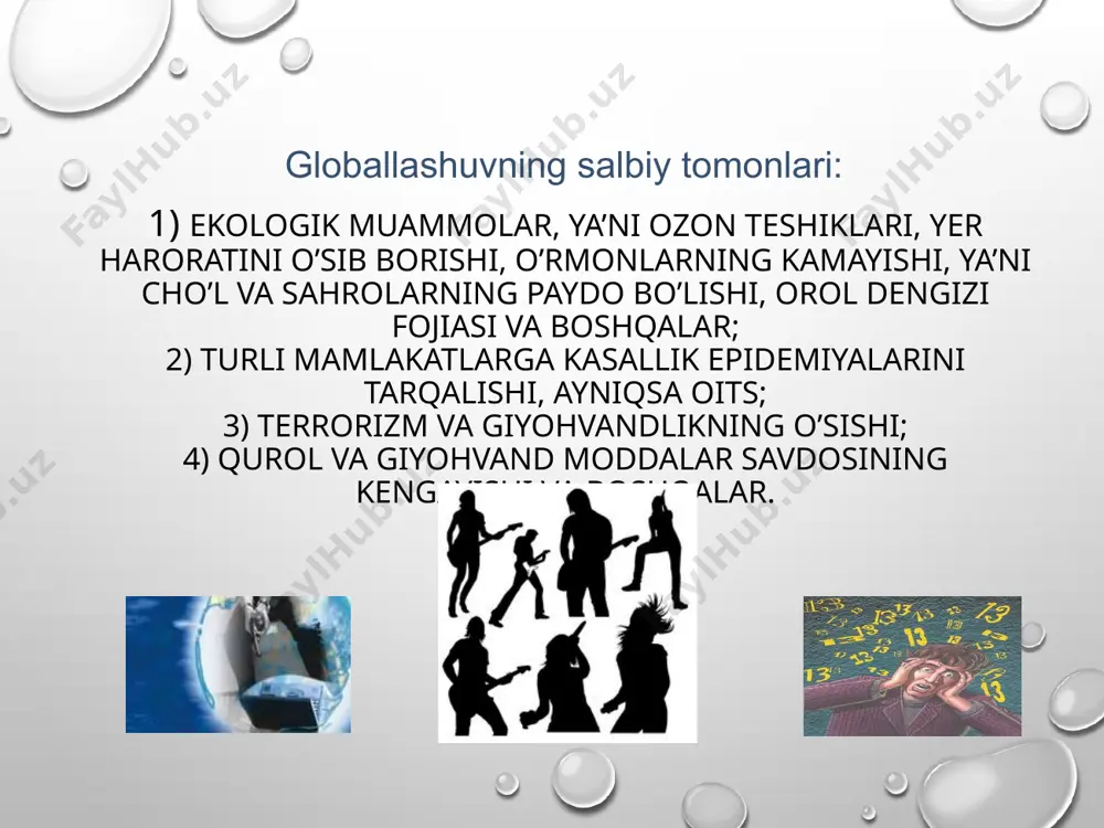ning asosiy mazmuni boshqa mamlakatlarda ishlab chiqarilgan mahsulotning qo’shimcha qiymatini, dunyodagi asosiy zahiralarini o’zlashtirishdan iborat". taxlil shuni ko’rsatadiki, globalizm tarafdorlari ham, dushmanlari ham asosiy e’tiborni iqtisodiyot sohasiga qaratishadi. globallashuvning ma’naviyatga ta’siry va ma’naviy globallashuv masalalari sosiologiya, falsafa, madaniy antropologiya fanlarida o’zining aksini yetarli darajada topishi kerak. albatta, globallashuvning hatto eng asosiy jihatlari va yo’nalishlarini ham to’liq qamrab olish qiyin. shuning uchun mazkur bo’lim globallashuv va nyailliy ma’naviyatda globallashuvning milliy ma’naviyatga o’tkazayotgan va o’tkazishi mumkin bo’lgan ta’siri haqida fikr yuritamiz, xolos. ma’naviyatni ham bir uyga to’plangan boylikka qiyoslasak tashqaridan kirayotgan shamol uy ichidagi narsalarni ostinustin qilib tashlashini hyech bir xonadon sohibi istamaydi. xuddi shu kabi biz ham yot g’oyalar, oqimlar va mafkuralar ma’naviyatimizga vayronkor ta’sir o’tkazishiga qarshi himoya choralari ko’rishimiz tabiiy. chetdan o’tkaziladigan mafkuraviy ta’sirga qarshi himoya choralari ko’rishdan avval qanday ta’sirlarni ma’qullash lozimu, qandaylarini rad etish kerakligini aniqlab olish lozim. hozirgi kunda birorta ham milliy ma’naviyat yo’qki, u boshqa xalqlar …