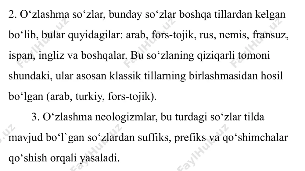 bek tilining o’zida yasalgan leksemalar. ular o’z qatlamning ikkinchi (nisbatan yangi) qismini tashkil qiladi. bunday yasalishning quyidagi turlari bor: a) semantik usul – ma’no taraqqiyoti mahsuli sifatida yangi leksemaning yuzaga kelishi: ko’k («rang») – ko’k («osmon»), etti («son»)- etti («ma’raka nomi»), yupqa (sifat) – yupqa (ot: «ovqatning bir turi») kabi; b) affiksatsiya usuli. bunda o’zak va affikslar turli til materiallari bo’lishi mumkin, ammo ularning qo’shilishi o’zbek tili tarkibida yuz beradi, o’zbek tilining so’z yasash qoliplariga asoslanadi, shu sababli bunday yasama so’zlar o’zbek tilining o’z qatlami birligi sanaladi. masalan: bosh (umumturkiy)q «-la» (o’zb.)-boshla (o’zb.), temir (umumturkiy)q «-chilik» (o’zb.)-temirchilik (o’zb.), jang (f-t.)q«-chi» (o’zb.)- jangchi (o’zb.), madaniyat (ar.)q«-li» (o’zb.)-madaniyatli (o’zb.), obuna (r-b.)q«-chi» (o’zb.)-obunachi (o’zb.), axta (mo’g'.)q «-chi» (o’zb.)-axtachi (o’zb.),« sof o’zbek so’zlarining yasovchi asosi arabcha yoki ruscha-baynalmilal bo’lganda, yasalmaning o’zagi yoki asosida ikki unli yonma-yon kelishi, so’z boshida ikki-uch undosh qatorlashishi mumkin: maorifchi, matbaachi, doirachi, saodatli, manfaatli, dramnavislik, drenajlanmoq, plakatbop, planbozlik. o‘zlashgan qatlam …