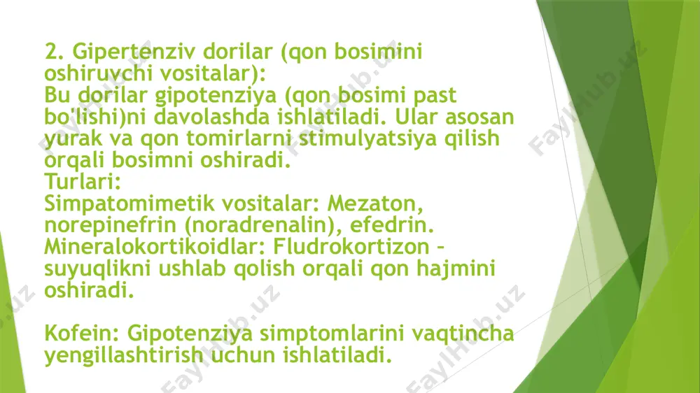 l): rp: metoprolol 50 mg d.s.: kuniga 1-2 marta, ovqatdan keyin ichiladi. 2. gipertenziv dorilar uchun retseptlar qon bosimini oshirish uchun: a) mezaton (fenilefrin): rp: mezaton 1% inyeksiya uchun eritma d.s.: mushak ichiga yoki vena ichiga 1 ml kiritiladi, shifokor nazorati ostida. b) efedrin gidroxlorid: rp: efedrin 5% inyeksiya uchun eritma d.s.: mushak ichiga 0,5-1 ml, qon bosimiga qarab dozasi shifokor tomonidan belgilanadi. c) fludrokortizon: rp: fludrokortizon 0,1 mg d.s.: kuniga 1 marta, ertalab ichiladi. d) kofein-natriy benzoat: rp: kofein-natriy benzoat 200 mg tabletkalar d.s.: kuniga 2-3 marta, ovqatdan keyin qabul qilinadi. muhim eslatmalar dozalash bemorning yoshiga, vazniga, boshqa kasalliklariga va dori vositalariga bo'lgan individual sezgirlikka qarab o'zgartirilishi mumkin. image1.jpeg image2.jpeg image3.jpeg image4.jpeg image5.jpeg image6.jpeg image7.jpeg image8.jpeg image9.jpeg /docprops/thumbnail.jpeg
