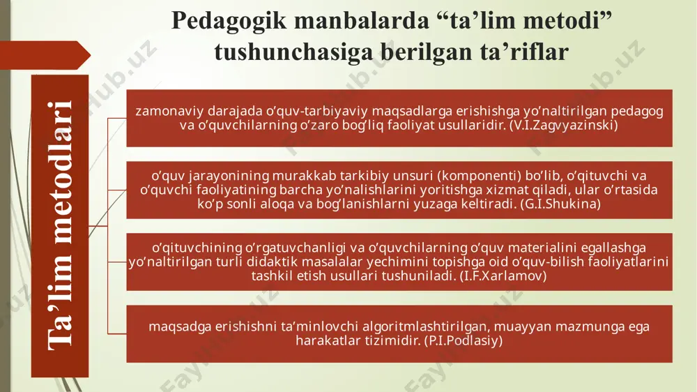 ish qilish va boshqalar) o’quv informatsiyasini amaliy mehnat orqali berish (amaliy metodlar: mashqlar, labaratoriya ishlari, dastur tuzish, pedagogic masalalarni yechish mehnat harakatlari va boshqalar) ta'lim metodlarini tanlashda quyidagi holatlar inobatga olinadi: zamonaviy didaktikaning yetakchi g'oyalari, ta'lim, tarbiya va rivojlantirishning umumiy maqsadlari; o'rganilayotgan fan mazmuni va metodlari, mavzularining o'ziga xosligi; xususiy fanlar metodikasining o'ziga xosligi va umumdidaktik metodlarni saralashga qo'yiluvchi talablarning o'zaro aloqadorligi; muayyan dars materialining maqsadi, vazifalari va mazmuni; u yoki bu mavzuni o'rganishga ajratilgan vaqt; o'quvchilarning yosh xususiyati, bilish imkoniyatlari, darajasi; o'quvchilarning darsga tayyorgarlik darajasi; o'quv muassasalari, auditoriyalarning moddiy ta'minlanganlik darajasi, jihozlar, ko'rsatmali qurollar, texnik vositalarning mavjudligi; o'qituvchining imkoniyatlari, nazariy va amaliy jihatdan kasbiy tayyorgarlik darajasi, pedagogik mahorati, shaxsiy sifatlari; -o'quv muassasalarida fanlararo hamkorlikning o'rnatilganligi. e’tiboringiz uchun rahmat! /docprops/thumbnail.jpeg