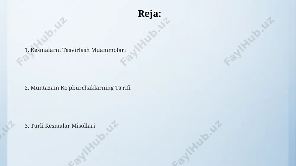 nli dodecagonni, uning markazidan o'tuvchi perpendikulyar tekislik bilan kesish natijasida hosil bo'lgan kesishma 12 tomonli ikki qirrali yulduz shakliga ega bo'ladi. perpendikulyar kesishma orqali hosil qilingan shakllar soni ko'pburchakning tomonlari soniga bog'liq. masalan, 20 tomonli ikosagonning o'rtasidan o'tuvchi 3 ta perpendikulyar tekislik bilan kesish 60 ta teng tomonli uchburchak hosil qiladi. burchak kesishmalar burchak kesishmalarni 3 o'lchovli fazo ichida, masalan, 10 qirrali muntazam ko'pburchakning kesimi sifatida, toshkentdagi matematika instituti o'quvchilari tomonidan o'rganilgan. samarqanddagi arxitekturali yodgorliklarda 5 va 8 qirrali ko'pburchaklarning turli burchak kesishmalari, ularning 3 ta simmetriya o'qi va 2 ta parallel tekisliklari bilan aniqlanadi. to'g'ri 7 qirrali ko'pburchakning ikki xil turdagi burchak kesishmalari 60° va 120° burchaklar bilan hosil bo'lishi mumkin, bu esa geometrik modellashtirishda muhim rol o'ynaydi. kesishmalarni tasvirlash usullari kesishma shakllarini aniqlashda, ayniqsa 100 dan ortiq burchakli ko'pburchaklar uchun, matematik formulalar va hisoblash algoritmlari, masalan, "voronoi diagrammasi"dan foydalanish samarali. bunday usullar buxoroda matematika bo'yicha ilmiy tadqiqotlarga keng …