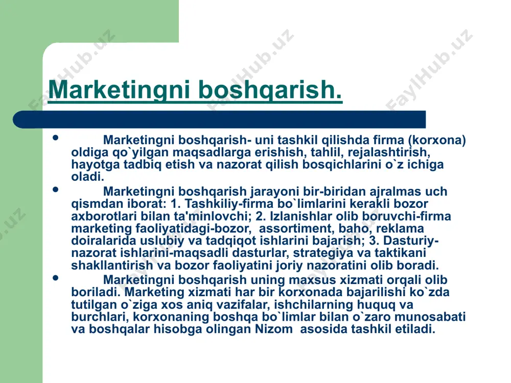 da berilgan). funksional – bunda javobgarlik taqsimot, sotish, ta`minot va tovar harakatini tashkil qilish doiralariga tushadi. tovarlar tamoyili bo`yicha tashkil qilish/ bunda funksional tamoyillarga, yana har bir tovar markasi uchun boshqaruvchilar qo`shiladi. bozor tamoyili bo`yicha tashkil etish. bunda funksional tamoyillarga, yana bir hudud bozorlari va iste`molchilar turi bo`ticha boshqaruvchilar qo`shiladi. marketing bo`yicha vise - prezident mahsu lotni rejalashtirish bo`yicha boshqa ruvchi tovar harakati bo`yi cha boshqa ruvchi marke ting tadqiqot lari bo`yicha boshqa ruvchi reklama bo`yicha boshqa ruvchi sotish bo`yi cha boshqa ruvchi boshqa funksio nal sohalar bo`yicha boshqaruvchi marketing bo`limini funksional yo`nalishida tashkil etish. shunday qilib funksional marketing bo`linmalarining tashkil etilishida marketing bo`limlari marketing faoliyatlarining xususiy funksiyalari bo`yicha iyerarxik bo`linadi. bu kabi tuzilmaga kichik ishlab chiqarish dasturi vat or tovar assortimentiga, kam sonli milliy bozorlar va ular sigmentiga ega kichik korxonalar kiradi. funksional tashkil etishning yutuqlari, bo`linmalarni boshqarishdagi soddalik, bajariladigan funksiyalarga yuqori javobgarlik. lekin tuzilmalarning bunday tipi qator kamchiliklarga …
