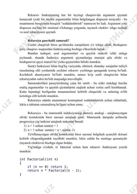 uchun oxirgi ikki harfni siklik siljitish deganda ularni o’rinlarini almashtirish tushuniladi. o’ngdagi n - 1 ta harflar uchun anagrammalar ro'yxati qanday tuziladi? rekursiv chaqiruv orqali. anagram() rekursiv protsedurasi anagrammalar tuziladigan so'z uzunligidagi bitta parametrini oladi. bu so'z dastlabki so'zning o'ng tarafidagi n ta harfi deb faraz qilinadi. har safar anagram() protsedurasi o'zini rekursiv chaqirganda, u bitta kam sondagi harf uchun shunday qiladi. tayanch cheklov anagrammalar tuziladigan so'z faqat bitta harfdan iborat bo'lganda yuzaga keladi. buning uchun yangi almashtirishlarni yaratish ma’no yo’q, shuning uchun protsedura darhol boshqaruvni qaytaradi. aks holda, u berilgan so'zning birinchi harfidan tashqari barcha harflarning anagrammalarini tuzadi va butun so'zni siklik siljitadi. bu ikki harakat n marta bajariladi, bu erda n - so'zning uzunligi. anagram() rekursiv protsedura kodi: void anagram(int newsize) { if (newsize == 1) { return; } for (int j = 0; j upperbound) return -1; if (a[curin] upperbound) return -1; if (a[curin] int.parse(s)); console.writeline("qidirilayotgan sonni …
