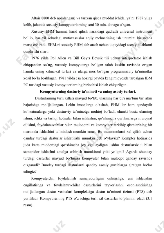 onini engillashtirish va avtomatlashtirishga moʻljallangan boʻlib pts ning bir qismi hisoblanadi. rivojlangan paslar dasturlashtirish tillari, translyatorlar va sozlash dasturlarini oʻz ichiga oladi. sozlash dasturlari tuzilgan dasturlar ishining toʻgʻriligini tekshirish va xatolarni topish uchun ishlatiladi. kompyuterda masalalarni echish jarayonini ta’minlash va uni osonlashtirish uchun operatsion tizim deb ataluvchi dasturlar kompleksi ishlatilib, u boshqaruvchi va qayta ishlovchi dasturlar guruhidan iborat. boshqaruvchi dasturlar kompyuter qurilmalari ishini boshqaradi, ya’ni kompyuter qurilmalari ishini, kiritish, tayyorlash va boshqa dasturlarning bajarilishini tashkil qiladi va boshqaradi. qayta ishlovchi dasturlar ma’lumotni qayta ishlash bilan bogʻliq yangi dasturlarni ehmda ishga tushirib, masalalarni echishga va boshlangʻich ma’lumotlarni tayyorlash ishlarini bajarishga xizmat qiladi. texnik xizmat qilish dasturlari kompyuterning profilaktika ishlarida, diagnostika masalalarini echishda va undagi nosozliklarni aniqlashda hamda boshqa maqsadlarda ishlatiladi. amaliy dastur paketlari tarkibiga insonning kundalik amaliy faoliyatida vujudga keladigan ilmiy, texnik, moliyaviy va turli-tuman iqtisodiy masalalarni echishga mo‘ljallangan, operatsion tizim imkoniyatlarini va funktsiyasini kengaytirishga hamda boshqa bir qancha konkret maqsadlarga …