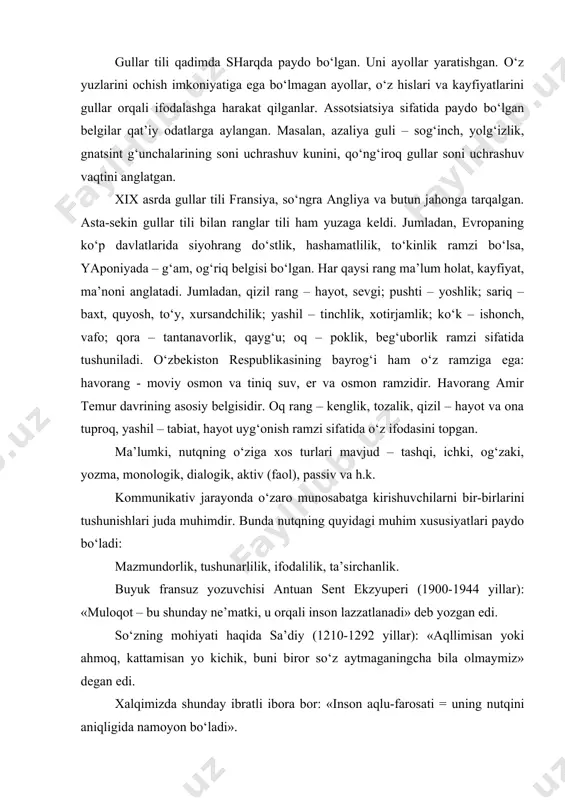 fransuzlar o‘z muloqotlarini jestlarsiz tasavvur eta olmaydilar. o‘zbek xalqida nutqda jestlardan ko‘p foydalanish yaxshi odat sifatida qabul qilinmaydi. lekin shuni ham ta’kidlash lozimki, noverbal kommunikatsiya og‘zaki nutqda aytilmay qolgan fikrlarni ifoda etish imkonini beradi. mimika – inson yuz harakatlarini bir qismi bo‘lib, u orqali insonning o‘ylari, xatti-harakatlari, tasavvurlari, xotiralashi, taajjubi va h.k. namoyon bo‘ladi. pantomimika – inson tanasi yoki uning qismlari yordamida ifodalanadigan harakatlar tizimidir. tadqiqotlar shuni ko‘rsatadiki, kundalik muloqot jarayonida so‘zlar 7% ni, tovushlar va intonatsiya 38% ni, nutqsiz muloqot esa 55% ni tashkil etadi. publitsiy aytganidek biz: «ovoz bilan gapiramiz, tana bilan suhbatlashamiz». noverbal kommunikatsiyaning boshqa belgilar tizimini ko‘rib chiqaylik. ii. muloqot o‘zaro birgalikdagi harakat sifatida (muloqotning interaktiv jihati) muloqotning ushbu xarakteristikasi insonning o‘zaro xatti-harakatlari birgalikdagi faoliyatlari bilan xarakterlanadi. insonlarni o‘zaro faoliyati va muloqoti ijtimoiy nazorat asosida yuzaga kelib, u ijtimoiy normalarga suyanadi. ijtimoiy nazorat o‘zaro harakat jarayonida muloqotga kirishuvchilarni ma’lum rollarini ifoda etishda namoyon bo‘ladi. rol – …
