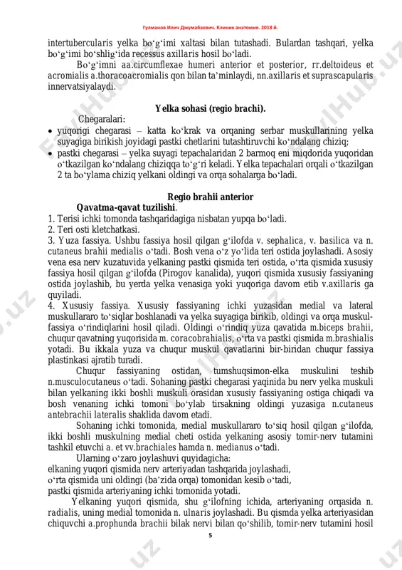 tugunlari 5 ta guruhga ajratiladi: 1) nodi lymphatici axillares laterales, unga qo‘lning limfasi qo‘yiladi; 2) nodi lymphatici centrales; 3) nodi lymphatici pectorales (mediales), ko‘krak va qorinning old-yon devoridan hamda sut bezidan limfa qabul qiladi. shu guruhning iii qovurg‘a sathida, katta ko‘krak muskulining pastki qirg‘og‘i ostida yotuvchi bitta yoki bir nechta tugunlari sut bezi rakida ko‘pincha birinchi bo‘lib metastazga uchraydi (zorgius tugunlari); 4) nodi lymphatici subscapulares (posteriores) – bo‘yinning orqa yuzasi va orqaning yuqorigi qismidan limfa qabul qiladi; gulmanov ilich djumabaevich. klinik anatomiya. 2018 y. 4 5) nodi lymphatici apicales (infraclaviculares) – sut bezining yuqorigi qismidan hamda o‘zidan pastda joylashuvchi tugunlardan limfa qabul qiladi. qo‘ltiq osti limfa tugunlarining tomirlari truncus subclavius ga qo‘yiladi. deltasimon soha (regio deltoidea). chegaralari deltasimon muskulning shakliga mos keladi. qavatma-qavat tuzilishi. 1. terisi qalin. 2. teri osti kletchatkasi. 3. xususiy fassiya yuza va chuqur varaqlarga bo‘linib, deltasimon muskulga g‘ilof hosil qiladi. xususiy fassiya sohaning chegaralari bo‘ylab yuqorida …