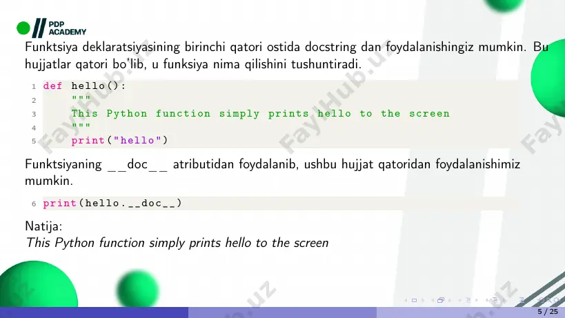 a: 0.5 ko‘rib turganingizdek, ikkalasi ham bir xil narsani beradi. 20 / 25 agar siz kalit so’z argumentidan keyin pozitsion argument qo’yishga harakat qilsangiz, u python-da syntaxerror-dan istisno qiladi. 6 divide(b=2, 1) natija: syntaxerror: positional argument follows keyword argument 21 / 25 python ixtiyoriy sondagi argumentlar siz qancha argument olishingizni har doim ham bilmasligingiz mumkin. bunday holda, siz argument nomidan oldin yulduzcha (*) dan foydalanasiz. 1 def sayhello (*names): 2 for name in names: 3 print(f"hello , {name}") 4 sayhello(’ayushi ’,’leo’,’megha’) natija: hello, ayushi hello, leo hello, megha 22 / 25 rekursiv funksiyalar har qanday sohada juda qiziqarli tushuncha - rekursiya o‘zini aniqlash uchun biror narsadan foydalanishdir. boshqacha qilib aytganda, bu o‘zini chaqiradigan narsadir. python funksiyasida rekursiya funksiya o‘zini chaqirganda sodir bo‘ladi. bu qanchalik foydali bo‘lishi mumkinligini ko‘rish uchun, keling, soning faktorialini hisoblashga doir misolni ko‘rib chiqaylik. matematik jihatdan, sonning faktoriali: n! = n ∗ (n − 1) ∗ · …