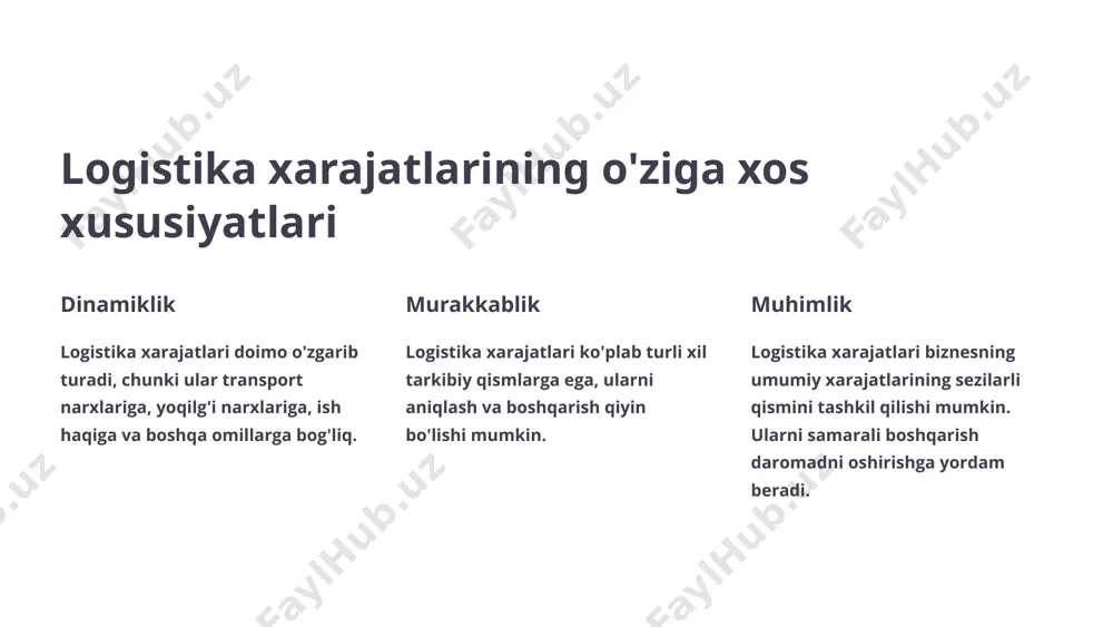 ini sotib olish, masalan, yukni yuklash, tushirish, saqlash. 3 inventarni boshqarish xarajatlari inventarni kuzatish, hisobga olish va boshqarish xarajatlari. transport xarajatlari yoqilg'i xarajatlari transport vositalarini yoqilg'i bilan ta'minlash xarajatlari. texnik xizmat ko'rsatish xarajatlari transport vositalarining ta'mirlash, texnik xizmat ko'rsatish va sug'urta xarajatlari. haydovchilarning ish haqi haydovchilarning ish haqi, ijtimoiy sug'urta va ta'tillarni to'lash. ombor saqlanishi xarajatlari ijara ombor maydonini ijaraga olish xarajatlari. energiya elektr, isitish va sovuqlash xarajatlari. xavfsizlik xavfsizlik tizimlari, yong'in xavfsizligi va xavfsizlik xodimlari. ish kuchi xarajatlari 1 ish haqi ishchilarning ish haqi, bonuslar, ijtimoiy sug'urta. 2 ta'lim ishchilarni tayyorlash va malakasini oshirish xarajatlari. 3 boshqarish ishchilarni boshqarish, nazorat qilish va motivatsiya qilish xarajatlari. axborot tizimi xarajatlari 1 dasturiy ta'minot logistika dasturlarini sotib olish va texnik xizmat ko'rsatish. 2 uskuna kompyuterlar, serverlar va boshqa texnik vositalar. 3 kommunikatsiya internet, telefon va boshqa aloqa xizmatlari. e'tiboringiz uchun rahmat image1.png image2.png image3.png image4.png image5.png image6.png image7.png image8.png image9.png image10.png image11.png …