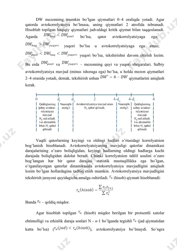 yaga ega emas; yuqori bo’lsa, tekshirishni davom ettirish lozim. bu erda va – mezonning quyi va yuqori shegaralari. salbiy avtokorrelyatsiya mavjud (minus ishoraga ega) bo’lsa, u holda mezon qiymatlari 2–4 orasida yotadi, demak, tekshirish ushun qiymatlarini aniqlash kerak. vaqtli qatorlarning keyingi va oldingi hadlari o’rtasidagi korrelyatsion bog’lanish hisoblanadi. avtokorrelyatsiyaning mavjuligi qatorlar dinamikasi darajalarining o’zaro boliqligidan, keyingi hadlarning oldingi hadlarga kuchi darajada boliqligidan dalolat beradi. chunki korrelyatsion tahlil usulini o’zaro bog’langan har bir qator darajasi statistik mustaqillikka ega bo’lgan, o’rganilayotgan qatorlar dinamikasida avtokorrelyatsiya mavjudligini aniqlash lozim bo’lgan hollardagina tadbiq etish mumkin. avtokorrelyatsiya mavjudligini tekshirish jarayoni quyidagicha amalga oshiriladi. (hisob) qiymati hisoblanadi: bunda – qoldiq miqdor. agar hisoblab topilgan (hisob) miqdor berilgan bir protsentli xatolar ehtimolligi va erkinlik daraja sonlari n - n-1 bo’lganda tegishli (jad qiymatidan katta bo’lsa) (), avtokorrelyatsiya bo’lmaydi. so’ngra ishonchlilik intervallari aniqlanadi. u koeffittsientlar variatsiyasi yordamida quyidagi formula asosida aniqlanadi. 3. qoldiqlar avtokorrelyatsiyasini tekshirish uchun darbin-vatson testi darbin-vatson …