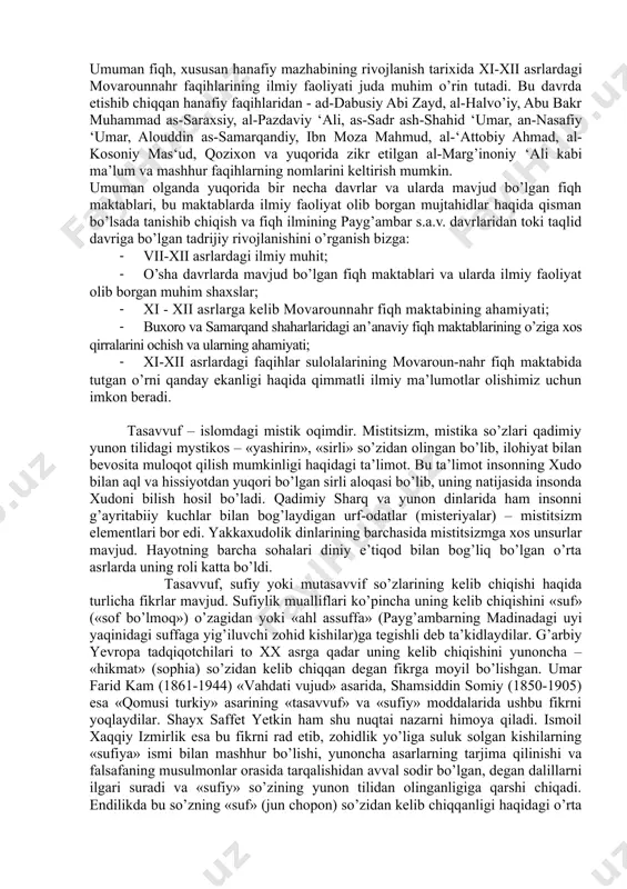igan barcha muammoli masalalar faqihlar orqali echilgan. fiqh shaxs, oila va jamiyat hayoti turli shahobchalari masalalarini qamrab olganligi tufayli movarounnahr maktabi namoyandalari bu o’lka xalqlari an’analari, urf-odatlarini umumislom mavqelaridan turib tahlil qilishdek vazifani bajarganlar. movarounnahrlik faqihlarning bir necha avlodlari faoliyati orqali mahalliy xalqlarning tarixiy, huquqiy an’analari islom madaniyatida o’z aksini topdi. viii-x asrlarda movarounnahrning ayrim shaharlardagi hanafiylikka asoslangan ilmiy markazlar paydo bo’ldi. bunga iroq va xuroson maktablarining ta’siri katta bo’ldi. buxoro maktabiga abu hafs ahmad ibn hafs al-kabir al-buxoriy (vaf. 832 y.) asos solgan. samarqand ilmiy markazining shakllanishiga abu sulaymon al-juzjoniy, ibn samo‘a va shaddod ibn hukaym kabi balx faqihlarining xizmati katta bo’ldi. buxoro faqihlari bu davrda asosan fiqhning amaliy masalalari (furu‘ al-fiqh) bilan, samarqandliklar esa o’z ilmiy faoliyatlarini ilohiyot (usul ad-din) mavzui bilan shug’ullanishga qaratdilar. xi-xiii asrlarga kelib, fiqh ilmi o’zining yuksak taraqqiyotiga etishdi. qoraxoniylar (999-1212) davri faqihlari haqida ilmiy tadqiqot olib borgan turkiyalik olim y. z. kavakci bu …