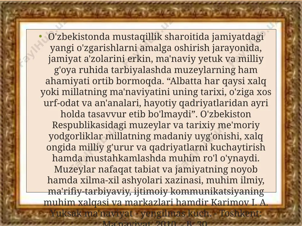 -uslubiy qo'llanmalar, ilmiy risolalar yozishda foydalanish mumkin. bining ilmiy taxlili. o'zbekiston respublikasi mustaqillikka erishgandan so'ng muzeylar faoliyatiga doir prezident farmonlari va vazirlar mahkamasining qarorlari batafsil o'rganildi va tahlil qilindi; jizzax viloyati tarixi va madaniyati davlat muzeyining yaqin davrdagi faoliyati haqida batafsil ma'lumot berilgan; jizzax viloyati zomin tumanida yangi tashkil etilgan zomin muzeyi haqida batafsil ma'lumot berildi; jizzax viloyatida hozirda faoliyat yuritib kelayotgan uy muzeylari faoliyati va qiyosiy tahlil qilindi; bining manbalari. ishga oid manbalarni shartli ravishda ikki guruhga ajratish mumkin: jizzax viloyati tarixi va madaniyati davlat muzeyi. jizzax viloyati “qatog’on qurbonlari” muzeyi va jizzax viloyatidagi “uy muzeylari”. mavzuni o'rganish jarayonida ilmiy tahlilga asoslangan qarash, xolislik, tarixiylik tamoyiliga, bugungi kun talablaridan kelib chiqqan holda yondashishga harakat qilindi. bining davriy chegarasi. tadqiqot uchun davriy chegara sifatida sobiq ittifoq davri ya'ni, o'zbekiston respublikasi hududida tashkil etilgan davlat, maktab va uy muzeylarni tashkil etilishi hamda mustaqillik yillarida ushbu muzey maskanlarini tarixiy, ijtimoiy-madaniy faoliyatlari qamrab …