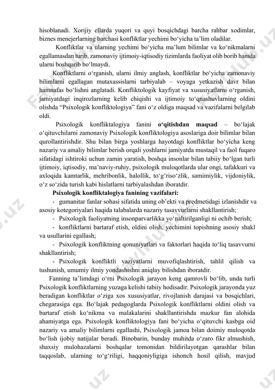 ko‘pchilik ongida an’anaviy mavjud bo‘lgan fikrga ko‘ra, konflikt bu – oddiy hol emas, u ziddiyatli hol, undan o‘zini muhofaza qilish kerak, undan o‘zini tortish zarur, konfliktdan “qochish” kerak. insonlararo, oilalar ichida bo‘layotgan konfliktlardan o‘zini tortishni bizga bolaligimizdan o‘rgatib kelishadi. konflikt oldida, konfliktdan qo‘rqish hollari ko‘pchilikni tashkil qiladi. bizni bolaligimizdan konfliktli vaziyatlardan o‘zimizni tortishga, “janjalkash” bo‘lmaslikka, nizolarni keltirib chiqargan va unda qatnashgan odamlardan o‘zimizni tortib yurishga o‘rgatishadi. konflikt – bizning milliy mentalitetimizda “yaxshi” bo‘lmagan holat va vaziyatga tenglashtiriladi. konflikt bo‘lganidan ko‘ra, konflikt bo‘lmaganini biz afzalroq ko‘ramiz. biz konfliktni hayotimizdagi eng “yomon” davr sifatida baholaymiz. konfliktdan uzoqroqda yashash ko‘nikmalari bizning tafakkurimizga chuqur singdiriladi. konflikt har kunlik hayot tarzimizga hos bo‘lgan voqelik bo‘lishiga qaramay, insonlar ko‘pincha ularni noto‘g‘ri talqin etadi hamda ularni “anglangan” holda qabul qilishga o‘rgatilmaydi. konfliktli vaziyatga tushib qolgan vaqtimizdagina mana shu konfliktli vaziyatni tahlil qilishga urinamiz. ammo har doim ham bizning bilim va ko‘nikmalarimiz konfliktli vaziyatdan chiqib ketish uchun yetarli …