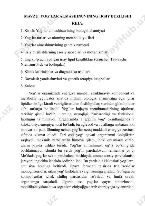 qilinadi, katabolizmda esa ular energiya ishlab chiqarish uchun parchalanadi. bu jarayonlar gormonlar, fermentlar va genetik nazorat ostida boshqariladi. yog‘lar almashinuvi organizmning gomeostazini saqlash, hujayra signalizatsiyasi, gormonlar sintezi, vitaminlar transporti va immun javobda ham muhim rol o‘ynaydi. ayniqsa a, d, e va k vitaminlari yog‘da eriydigan bo‘lib, ularning so‘rilishi yog‘lar ishtirokida sodir bo‘ladi. yog‘lar almashinuvi buzilganda dislipidemiya, ateroskleroz, jigar steatozi, qandli diabet, semizlik va boshqa metabolik kasalliklar rivojlanadi. shuning uchun yog‘lar almashinuvining biologik ahamiyati nafaqat energiya ta’minoti, balki organizmning umumiy salomatligi va funksional holatini saqlashda ham beqiyosdir. yog‘lar biologik jihatdan muhim makromolekulalar bo‘lib, ular energiya zaxirasi, hujayra membranalarining tarkibiy qismi, gormonlar va vitaminlar sintezi uchun substrat sifatida xizmat qiladi. ular kimyoviy tuzilmasiga ko‘ra triglitseridlar, fosfolipidlar, sterinlar, glikolipidlar, sfingolipidlar va erkin yog‘ kislotalariga bo‘linadi. triglitseridlar — glitseringa uchta yog‘ kislota birikkan oddiy yog‘lar bo‘lib, organizmda asosiy energiya manbai hisoblanadi. fosfolipidlar esa hujayra membranalarining strukturaviy elementi bo‘lib, ular signal uzatish, modda transporti va …