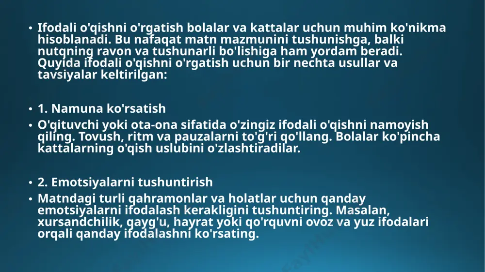monini ifodalaydi va shu orqali ifodali o'qishni birgalikda rivojlantiradilar. 10. doimiy mashq ifodali o'qish ko'nikmasi muntazam mashq qilishni talab qiladi. o'quvchilarni har kuni ozgina vaqt ajratib o'qishga undang. 11. tana harakatlari o'qish jarayonida tanani qanday ishlatishni o'rgatish ham ifodali o'qishga yordam beradi. masalan, qo'l harakatlari, yuz ifodalari va boshning holati o'qilgan matnga mos kelishi kerak. bu o'qish jarayonini jonlantiradi va tushunarli qiladi. 12. to'g'ri nafas olish to'g'ri nafas olish ifodali o'qishning asosiy qismidir. nafas olish mashqlarini bajaring, nafasni to'g'ri taqsimlash va o'qish davomida nafasni ushlab turishni o'rganing. bu o'quvchilarga gaplar orasidagi pauzalarni to'g'ri saqlashga yordam beradi. 13. turli janrlarni o'qish har xil janrdagi matnlarni o'qish orqali ifodali o'qish ko'nikmalarini rivojlantiring. masalan, she'rlar, hikoyalar, dramatik asarlar, ilmiy maqolalar va boshqalarni o'qish. har bir janrda ifodali o'qishning o'ziga xos usullari bo'ladi. 14. audiovisual materiallar filmlar, multfilmlar va teatr spektakllari kabi audiovizual materiallarni ko'rish va tinglash ifodali o'qish ko'nikmalarini yaxshilashga yordam beradi. qahramonlarning …