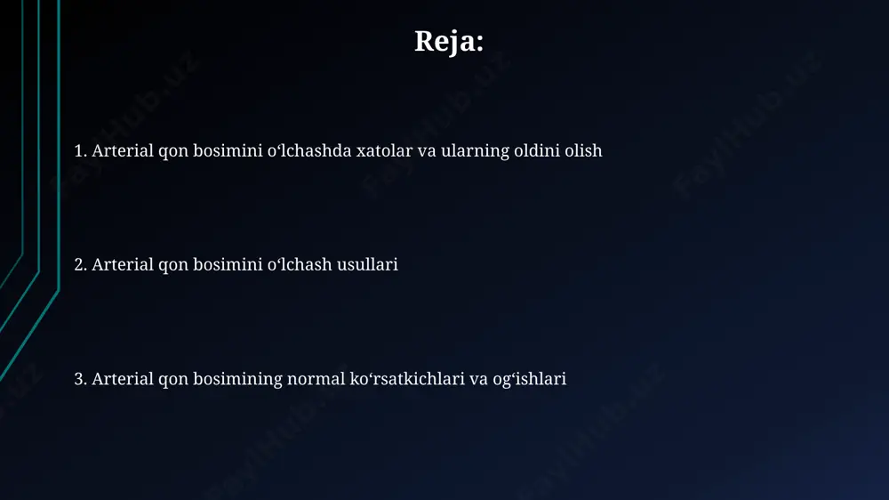 sulida korotkoff tovushlarini aniq eshitish uchun stetoskopni braxial arteriya ustiga, manjetning pastki chetiga yaqin joylashtirish kerak, taxminan 1-2 sm masofada. avtomatik qon bosimi apparatlari ba'zi avtomatik apparatlar puls to'lqini amplitudasini tahlil qilish orqali aritmiya kabi yurak ritmining buzilishi haqida qo'shimcha ma'lumotlarni taqdim etadi, bu esa 5-10% hollarda diagnostika uchun muhim ahamiyat kasb etadi. yuqori aniqlikdagi avtomatik qon bosimi o'lchagichlar, odatda, 100 dan ortiq o'lchovlarni xotirasida saqlashi va o'rtacha ko'rsatkichlarni hisoblashi mumkin, bu esa davolanish samaradorligini kuzatishga yordam beradi. qon bosimini muntazam nazorat qilish qon bosimini o'lchashning aniq natijalarini olish uchun, o'lchashdan oldin 5-10 daqiqa dam olish va kamida uchta o'lchov o'rtacha qiymatini hisobga olish tavsiya etiladi. 65 yoshdan oshgan odamlar va oila a'zolarida yurak-qon tomir kasalliklari tarixi mavjud bo'lganlar qon bosimini muntazam, kamida haftada 2 marta nazorat qilishlari kerak. xatoliklar va ularning oldini olish qon bosimini noto'g'ri o'lchashning 10% gacha xatolikka olib kelishi mumkin bo'lgan keng manjetni ishlatish, manjetni to'g'ri …