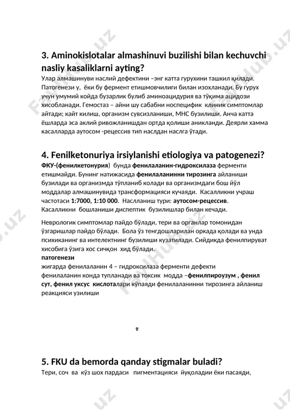 аза ферменти етишмайди. бунинг натижасида фенилаланинни тирозинга айланиши бузилади ва организмда тўпланиб колади ва организмдаги бош йўл моддалар алмашинувида трансформацияси кучаяди. касалликни учраш частотаси 1:7000, 1:10 000. наслланиш тури: аутосом-рецессив. касалликни бошланиши диспептик бузилишлар билан кечади. неврологик симптомлар пайдо бўлади, тери ва органлар томонидан ўзгаришлар пайдо бўлади. бола ўз тенгдошларилан оркада қолади ва унда психиканинг ва интелектнинг бузилиши кузатилади. сийдикда фенилпируват хисобига ўзига хос сичқон хид бўлади. патогенези жигарда фенилаланин 4 – гидроксилаза ферменти дефекти фенилаланин конда тупланади ва токсик модда –фенилпироузум , фенил сут, фенил уксус кислоталари кўпаяди фенилаланинни тирозинга айланиш реакцияси узилиши 1. fku da bemorda qanday stigmalar buladi? тери, соч ва кўз шох пардаси пигментацияси йуқоладии ёки пасаяди, дерматитлар, экземалар, чироқка нисбатан ўта сезувчанлик пайдо бўлади. калла -мия нервлар томонидан - ғилайлик, нистагм, харакат координацияси бузилади. катта ешдагиларда характерли поза - “тикувчи позаси” ва узига хос юриши пайдо булади. беморлар оёқлари кенг қуйиб, тиззаларни букиб,бош ва елкаларни …