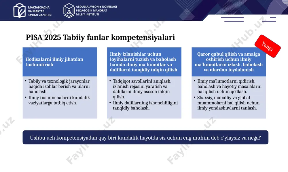ini aniqlash; kuchli ilmiy dalillarga asoslangan da’volarni, ekspert va no-ekspert fikrlarni va shaxsiy mulohazalarni farqlash hamda bu farqlarni asoslab berish; ma’lumotlar to‘plamidan tegishli ilmiy xulosani qo‘llab-quvvatlash uchun argument tuzish; epistemik va metodologik bilimlardan foydalangan holda ilmiy argumentlardagi umumiy xatolarni tanqid qilish, masalan, noto‘g‘ri taxminlar, sabab va korrelyatsiya o‘rtasidagi chalkashliklar, xato tushuntirishlar yoki cheklangan ma’lumotlar asosidagi umumlashtirishlar; ilmiy argumentlardan foydalanib, zamonaviy muammolarni yoki barqaror rivojlanishni hal qilishga hissa qo‘shadigan individual yoki jamoaviy qarorlarni asoslash. 1. mazmuniy bilim (content knowledge): ilm-fan tomonidan o‘rnatilgan faktlar, tushunchalar va nazariyalar. misol: fotosintez jarayoni, atomlarning zarraviy tuzilishi yoki genetik kod. 2. metodologik bilim (procedural knowledge): ilmiy tadqiqotlar jarayonida qo‘llaniladigan usul va tartib-qoidalar. misol: tajribalarni takrorlash, o‘zgaruvchilarni boshqarish va dalillarni baholash usullari. 3. epistemik bilim (epistemic knowledge): ilm-fan natijalarining ishonchliligini va qanday yaratilganligini tushunish. misol: ilmiy konsensusning ahamiyati, dalillarni tanqidiy baholash va ekspertlar rolini anglash. bilim bilim mazmuniy bilim metodologik bilim epistemik bilim fizik tizimlar o‘zgaruvchilar tushunchasi …