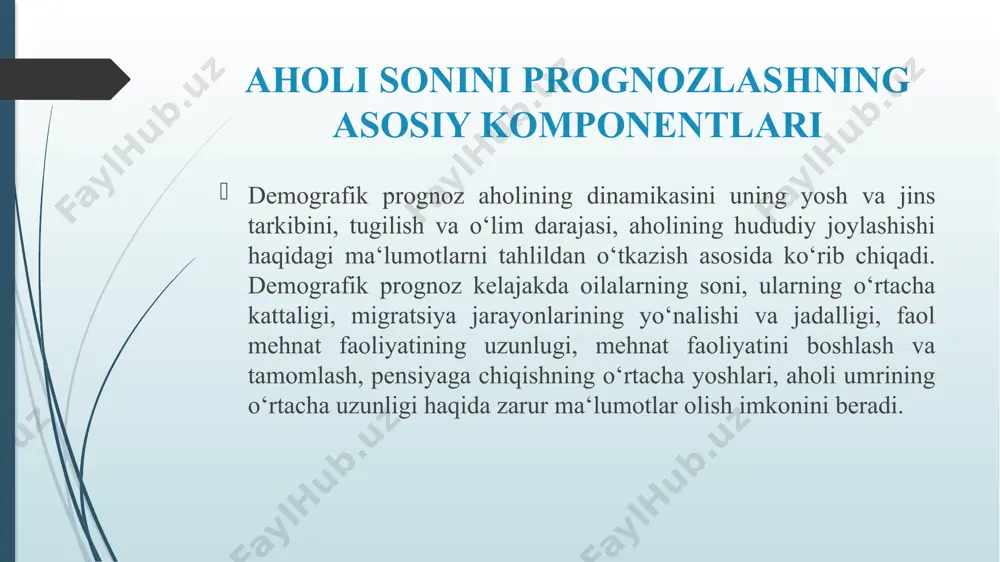 rida qatnashuviga tug’ilishning kamayish omili sifatida qarashadi. aholi sonini prognozlashga tasir etuvchi omillar o‘lim omillari – ko‘kchadagi va maishiy shikastlar, alkogolizim va chekish, atrof - muhit ifloslanishi, sogliqni saqlashning rivojlanmaganligi va hokazolar. biror hudud aholisini prognozlashning muhim komponenti aholi migratsiyasi hisoblanadi. aholi migratsiyasi asosan ishlab chiqarish joylashuvi bilan izohlanadi. bu esa, o‘z navbatida, mehnat resurslarining hududiy tarqalishini ko‘rsatib, u iqtisodiy rivojlanishda aks etadi va ishlab chiqarish samaradorligiga kuchli ta‘sir ko‘rsatadi. aholi va mehnat resurslarini prognozlash demografik prognozlashlashning yetakchi o‘rinlaridan biri mehnat resurslari sonining perspektiv baholanishi hisoblanadi. uning negizi aholining jinsiy yosh strukturasi bo‘yicha sonining prognozi sanaladi, buning asosida mehnatga layoqatli 16—55 (59) yoshdagi aholi soni to‘g’risidagi ma‘lumotlar olinadi. prognozlashda eng avvalo mehnat resurslarini takror ishlab chiqarishning barcha tomonlarini qamrab oluvchi mavjud (yoki yuzaga kelgan) qonuniyatlar va proporsiyalar (ularning shakllanishi, takomilashishi va qo‘llanilishi) bo‘yicha o‘rganish lozim. bularning barchasi shunga muvofiq statistik yoki boshqa ahborot to‘planishini talab qiladi. aholi sonini prognozlash usullari …