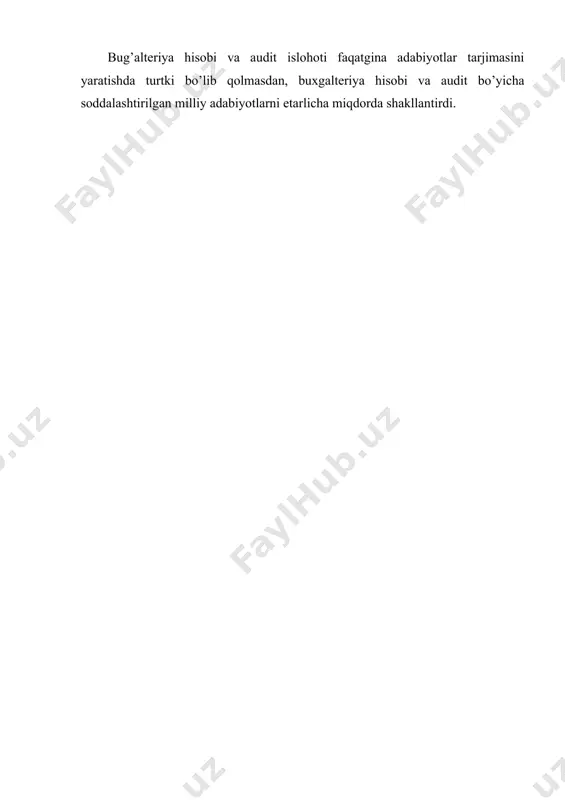tildi. bu ukrainada mustaqil auditning rivojlanishi va auditorlik faoliyati ustidan jamoaviy nazorat va boshqaruvni shakllantirishda muhim davr bo’ldi. bug’alteriya hisobi va audit islohoti faqatgina adabiyotlar tarjimasini yaratishda turtki bo’lib qolmasdan, buxgalteriya hisobi va audit bo’yicha soddalashtirilgan milliy adabiyotlarni etarlicha miqdorda shakllantirdi.