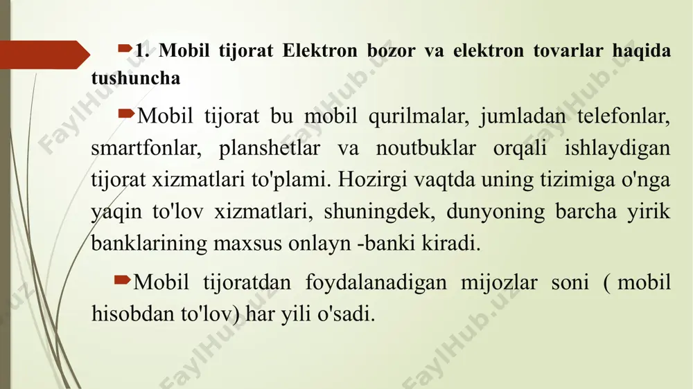 lishi . elektron tijorat foydali tomonlarini ko’rib chiqamiz: 1) asosiy afzallik - bu katta moliyaviy investitsiyalar va xarajatlarni talab qilmasdan, jahon bozoriga chiqish qobiliyatidir. ushbu savdo turiga cheklovlar jug'rofiy jihatdan aniqlanmagan. bu iste'molchilarga global tanlovni amalga oshirish, kerakli ma'lumotlarni olish va joylashuvidan qat'iy nazar barcha potentsial etkazib beruvchilarning takliflarini taqqoslash imkonini beradi. 2) yakuniy iste'molchi bilan to'g'ridan-to'g'ri aloqa tufayli, onlayn tadbirkor vositachilar tarmog'ini qisqartiradi, ba'zida ularni butunlay yo'q qiladi. bu ishlab chiqaruvchi yoki xizmat ko'rsatuvchi provayder va oxirgi foydalanuvchi o'rtasida to'g'ridan-to'g'ri kanal yaratadi, bu bizga maqsadli bozorning individual imtiyozlariga javob beradigan mahsulotlar va xizmatlarni taklif qilishimizga imkon beradi. 3) elektron tijorat etkazib beruvchilarga o'z mijozlariga yaqinroq bo'lishga imkon beradi, bu esa kompaniyalarning samaradorligi va raqobatbardoshligini oshirishga olib keladi. natijada, iste'molchi xizmat sifatining yaxshilanishiga olib keladi, bu esa yaqinlikka, shuningdek sotishdan oldin va keyin qo'llab-quvvatlashga imkon beradi. elektron tijoratning ushbu yangi shakllari tufayli endi iste'molchilar kuniga 24 soat virtual do'konlarga ega …