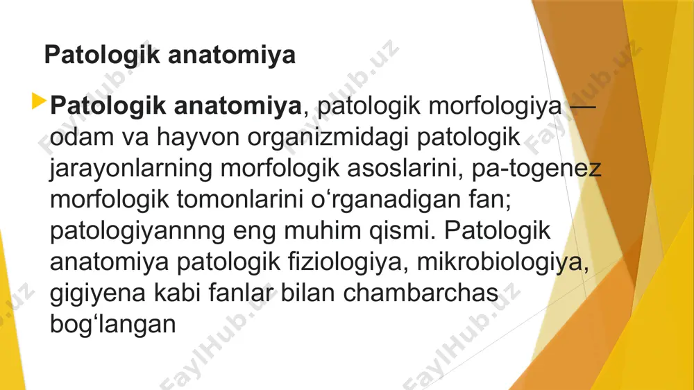 enezli noaniq etiologiyali eroziv-destruktiv poliartrit tipi bo’yicha asosan kichik bo’g’imlarning shikastlanishi bilan kechadigan biriktiruvchi to’qimalarning tizimli kasalligidir. revmatoid artrit nekroz to’qimada hujayra o’limini: 1-gangrenaga olib keluvchi ishemiya 2- infeksiya 3-issiqlik sovuq yoki qandaydir kimyoviy modda vositasi 4- nurlanish biopsiya (bio... va yun. opsis—koʻrish, tekshirish)—davolash va kasallikni aniqlash maqsadida tirik odamning toʻqima yoki biror aʼzosidan bir qismini kesib olib tekshirish. asosan xavfli oʻsmalar va qon yaratish tizimi kasalliklarini aniqlashda qoʻllaniladi. image1.jpg