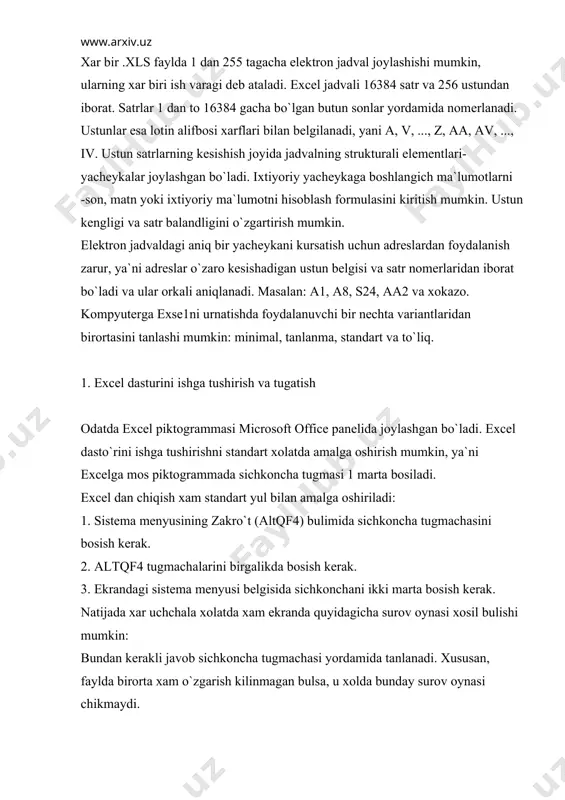 irorta xam o`zgarish kilinmagan bulsa, u xolda bunday surov oynasi chikmaydi. fayl xujjatlarni xosil qilish, saqlash va yuklash odatda excel dasturi ishga tushirilsa, u shartli nom (kniga) asosida yangi xujjat tuzishni taklif qiladi. jumladan ular quyidagicha bo`ladi: 1. fayl mеnyusidagi sozdat ctrl q n bulimi yordamida. 2. vositalar panеlidagi ushbu piktogramma yordamida. xar ikkala usulda xam ekranda kniga shartli nomdagi yangi ish varagi paydo bo`ladi. navbatdagi xosil kilinadigan yangi xujjatlar esa mos ravishda kniga2, knigaz va xokazo nomlar bilan nomlanadi. tayyorlangan xujjat yoki jujjat qismini diskda fayl ko`rinishida ixtiyoriy nomli .xls kеngaytmasi bimn quyidagicha saklash mumkin: 1. mavjud faylni taxrirlab, yana uz joyiga eski nomi bilan saklab qo`yish uchun fayl mеnyusidagi soxranit ctrl q s bulimi tanlanadi. 2. faylni boshqa nom bilan saklab qo`yish uchun fayl mеnyusidagi soxranit kak... bulimi tanlanadi. xosil bo`lgan surov oynasida kеrakli nom kiritiladi va shu oynadagi soxranit tugmasi bosib qo`yiladi. 3. vositalar panеlidagi ushbu piktogramma …