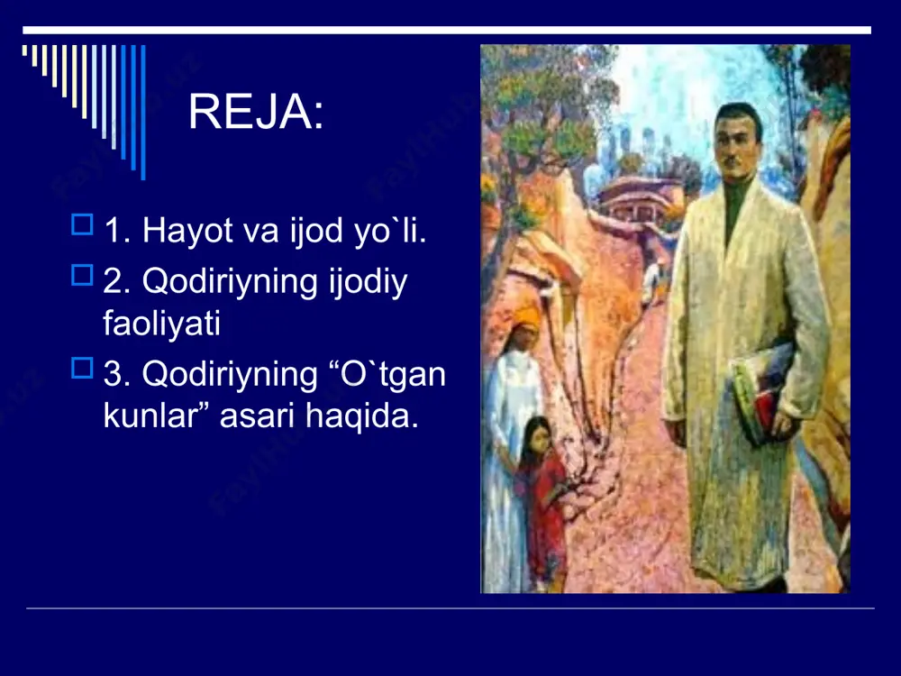 rida fikrlarini ochiq aytish, oyani yalanoch ifodalash yo`lidan bordi. har qanday ishda bo`lgani singari asarlarini yozishga ham oyat puxta tayyorgarlik ko`radigan yozuvchi 1917 — 1918- yillardan boshlab asosiy asari bo`lmish "o`tkan kunlar" romani uchun material yiishga kirishdi. u xalqning hayoti, ahvoli-ruhiyasini yirik badiiy asarda tasvirlash zaruriyatini his etardi. o`zbekning qanday xalq ekanligini ko`rsatib beradigan katta hajmli asarga ulkan ehtiyoj borligini sezardi. adib rornanni 1919- yildan yoza boshladi. 1922-yilda birinchi o`zbek romanining dastlabki boblari "inqilob" jurnalida chop etildi. 1925- yilda romanning bo`limlari alohida-alohida uch kitob tarzida, 1926- yilda esa "o`tkan kunlar" yaxlit asar sifatida bosilib chiqdi. 1928- yilda adibning ikkinchi romani "mehrobdan chayon" nashr etildi. 1934- yilda kolxozlashtirish tufayli o`zbeklar hayotida ro`y bergan o`zgarishlarni aks ettiradigan ‘‘obid ketmon" qissasini yozdi. bulardan tashqari, adib necha o`nlab publitsistik maqolalar, badiiy saviyasi baland hikoyalar ham yaratdi. qodiriy "amir umarxonning kanizagi" “namoz o`ri” "dahshat" singari romanlar yozmoqchi bo`lib, materiallar to`plagani haqida ma’lumotlar bor. ammo qonsiragan …