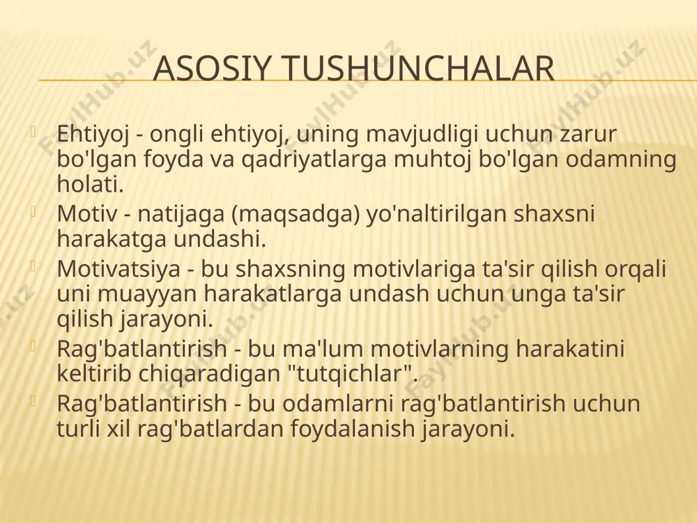 rish jarayoni ikki xil jarayondir. ikki omil nazariyasi f. gertsberg rag'batlantiruvchi omillar - motivatorlar (qoniqishga ta'sir qiladi): yutuq, e'tirof, mas'uliyat, yuksalish, ishning o'zi, o'sish imkoniyati "salomatlik" omillari - "gigienik omillar" (norozilikka ta'sir qiladi ): ish haqi, ish joyidagi xavfsizlik, mehnat sharoitlari (konfor, yorug'lik, shovqin), holat, qoidalar, ish tartibi va tartibi, boshqaruv nazorati sifati, hamkasblar va qo'l ostidagilar bilan munosabatlar f. gertsberg ishini boyitish kontseptsiyasi avtonom guruhlar - ishni brigada tashkil etish aylanish - kun, hafta davomida funktsiyalarni o'zgartirish moslashuvchan jadval - ishning boshlanishi va oxirini tanlash qobiliyati makrorotatsiya - ish o'tkazmalari tegishli kasblarni egallash yarim kunlik ish - bir nechta ishlarda ishlash kompensatsion usullar (muloqotni qayta tashkil etish, funktsional musiqa, ishlab chiqarish gimnastikasi) ishtirokchi boshqaruv - boshqaruv qarorlarini qabul qilishda ishtirok etish uchun oddiy xodimlarni jalb qilish test: "etakchi ehtiyojlar" savollar: + / - 1. siz shaxsan paydo bo'lgan muammolarga yechim topishingiz kerak bo'lgan vaziyatlarni yoqtirasizmi ? 2. o'rtacha, muvozanatli …