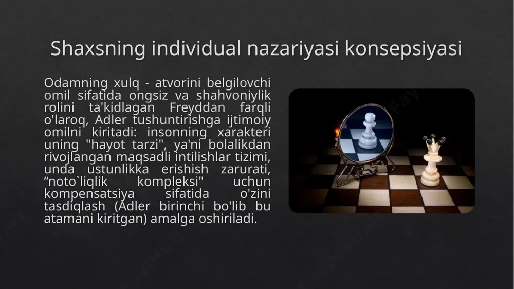 inamik nazariyasining o'ziga xos xususiyati hisoblanadi. bu kontseptsiya, asosan, ideografik, shaxsning hayotga moslashishining o'ziga xos usulini, ayniqsa, shaxsning o'zi qo'ygan maqsadlari va unga erishish yo'llarini ko'rsatadi. adlerning so'zlariga ko'ra, turmush tarzi o'ziga xos xususiyatlar, xulq -atvor va odatlar kombinatsiyasini o'z ichiga oladi, ular birgalikda individuumning mavjudligi tasvirini beradi. adler nuqtai nazaridan, turmush tarzi to'rt yoki besh yoshida shu qadar mustahkam o'rnashgan bo`ladiki, keyinchalik u deyarli o'zgarishlarga duch kelmaydi. albatta, odamlar o'zlarining shaxsiy hayot tarzlarini ifoda etishning yangi usullarini topishda davom etishadi, lekin bu, aslida, faqat bolalikdan shakllangan asosiy tuzilmani takomillashtirish va rivojlantirishdir. shu tarzda shakllangan turmush tarzi saqlanib qoladi va kelajakda xatti -harakatlarning asosiga aylanadi. boshqacha qilib aytganda, biz qilayotgan har bir narsa o'ziga xos turmush tarzimizga bog'liq. bu bizning hayotimiz va muhitimizning qaysi jihatlariga e'tibor berishimiz va qaysi birini e'tiborsiz qoldirishimiz unga bog'liq. bizning barcha bilish jarayonlarimiz (masalan, idrok, tafakkur va sezgi) bir butun bo'lib, hayot tarzimiz mazmunini tashkil …