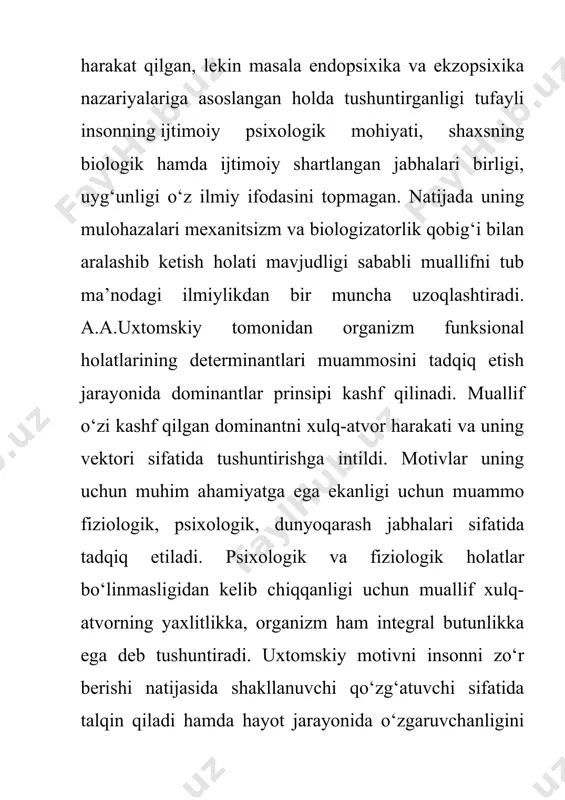 ‘risidagi mushohadalar motivatsiya nazariyasini boyitadi. lekin psixologiyada ustanovkani anglab bo‘lmaydigan ruhiy holat deb izohlash nazariyalari motivatsiya mohiyatini asoslashda bahsli ekanligicha qolib kelmoqda. s.l.rubinshteyn o‘zining "umumiy psixologiya asoslari" asarida motiv va motivatsiya to‘g‘risida ilmiy–amaliy xususiyatli mulohazalarni tavsiflab beradi. u ilmiy tadqiqotning metodologik prinsiplariga asoslangan holda motivatsiyani irodaviy harakatlar bilan uyg‘unlashtirib izohlaydi. uning muhim, dadil fikrlaridan biri shuki, motiv yaqqol faoliyat nuqtai nazaridan turib talqin qilinadi. xuddi shu bois motiv insonning ijtimoiy – tarixiy rivojlanishi bilan faoliyatning ijtimoiy xususiyati uzviy bog‘liqlikda olib qaraladi. hayvonning instinktiv xatti-harakati (xulqi) insonning ongli faoliyatidan muayyan farq qilishligi ta’kidlab o‘tiladi. s.l.rubinshteynning motivga ehtiyoj nuqtai nazaridan yondashuvi mazkur nazariyaning yanada boyishiga hissa bo‘lib qo‘shildi. uning shaxsiy mulohazasicha, "ehtiyoj" tushunchasi instinkt atamasiga qarama–qarshi ravishda ilmiy psixologiya fanining asosiy tushunchalari inventari qatoridan salmoqli joy egallashi shart. ana shunda "ehtiyoj" tushunchasi negizida insonning xulq motivatsiyasi ta’limoti instinkt va mayl ta’limotidan qiyosiy jihatdan farqli o‘laroq mutlaqo boshqacha talqinga ega bo‘ladi. xuddi shu …