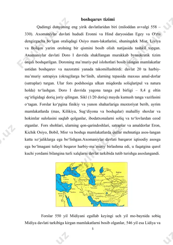‘tagan. forslar ko‘pgina finikiy va yunon shaharlariga muxtoriyat berib, ayrim mamlakatlarda (mas, kilikiya, sug‘diyona va boshqalar) mahalliy shoxlar va hokimlar sulolasini saqlab qolganlar, ibodatxonalarni soliq va to‘lovlardan ozod etganlar. fors shohlari, ularning qon-qarindoshlari, satraplar va amaldorlar eron, kichik osiyo, bobil, misr va boshqa mamlakatlarda qullar mehnatiga asos-langan katta xo‘jaliklarga ega bo‘lishgan.axomaniylar davlati barqaror iqtisodiy asosga ega bo‘lmagani tufayli beqaror harbiy-ma’muriy birlashma edi, u faqatgina qurol kuchi yordami bilangina turli xalqlarni davlat tarkibida tutib turishga asoslangandi. forslar 550 yil midiyani egallab keyingi uch yil mo-baynida sobiq midiya davlati tarkibiga kirgan mamlakatlarni bosib olganlar, 546 yil esa lidiya va kichik osiyodagi yunon shaharlarini zabt etganlar. 545–539 yillar oralig‘ida kichik osiyoning katta qismi, 538 yilda bobil, 525 yilda misr, 519–512 yillar oralig‘ida egey dengizidagi orollar, frakiya, makedoniya va hindistonning shimolig‘arbiy qismi bo‘ysundirilgan. kir ii parfiya baqtriya marg’iyonanai bosib oldi. mil avv 530-yilda massagetlarga muvofaqiyatsiz yurish qildi va o’limiga sabab bo’ldi. ahamoniylar podsholigi satraplari, …