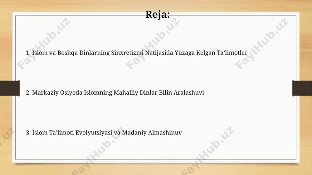 landi. islom va taoizmning sinkretizmi natijasida paydo bo'lgan ba'zi diniy ta'limotlar, masalan, 13-asrda g'arbiy xitoyda vujudga kelgan ba'zi sufiylik guruhlari, buddizm va taoizmning ayrim elementlarini o'z ichiga olgan holda rivojlandi. sufizm va uning boshqa dinlar bilan sinkretik aloqalari sufizmning 11-13-asrlarda markaziy osiyoda buddizm va zardushtiylik ta’sirida shakllanishi, xususan, tasavvuf falsafasiga xos bo’lgan ba’zi tushunchalarni qabul qilishi kuzatilgan. 18-asrda afrika mamlakatlarida, masalan, senegalda, sufizm mahalliy animistik e’tiqodlar bilan sintezlanib, yangi diniy shakllarni vujudga keltirgan. islomning afrika an’anaviy dinlari bilan sinkretizmi islomning 7-asrda sharqiy afrikaga kirib kelishi bilan mahalliy animistik e’tiqodlar, masalan, 3000 yildan ortiq tarixga ega bo'lgan misr va nubiy mifologiyasi bilan sinkretik aralashuvi kuzatilgan. 15-asrda, somali va etiyopiyada sufiylik tariqatlarining tarqalishi bilan, mahalliy an’anaviy dinlarning ba’zi elementlari, jumladan, muqaddas joylarga sig'inish va 12 ta qabilaga bo'lingan ijtimoiy tuzumning ayrim qoidalari saqlanib qolgan. islom va buddizm sinkretizmining diniy ta’limotlarga ta’siri islomning sharqiy osiyodagi tarqalishi davrida, taxminan 8-10-asrlarda, xitoy va markaziy osiyoda …